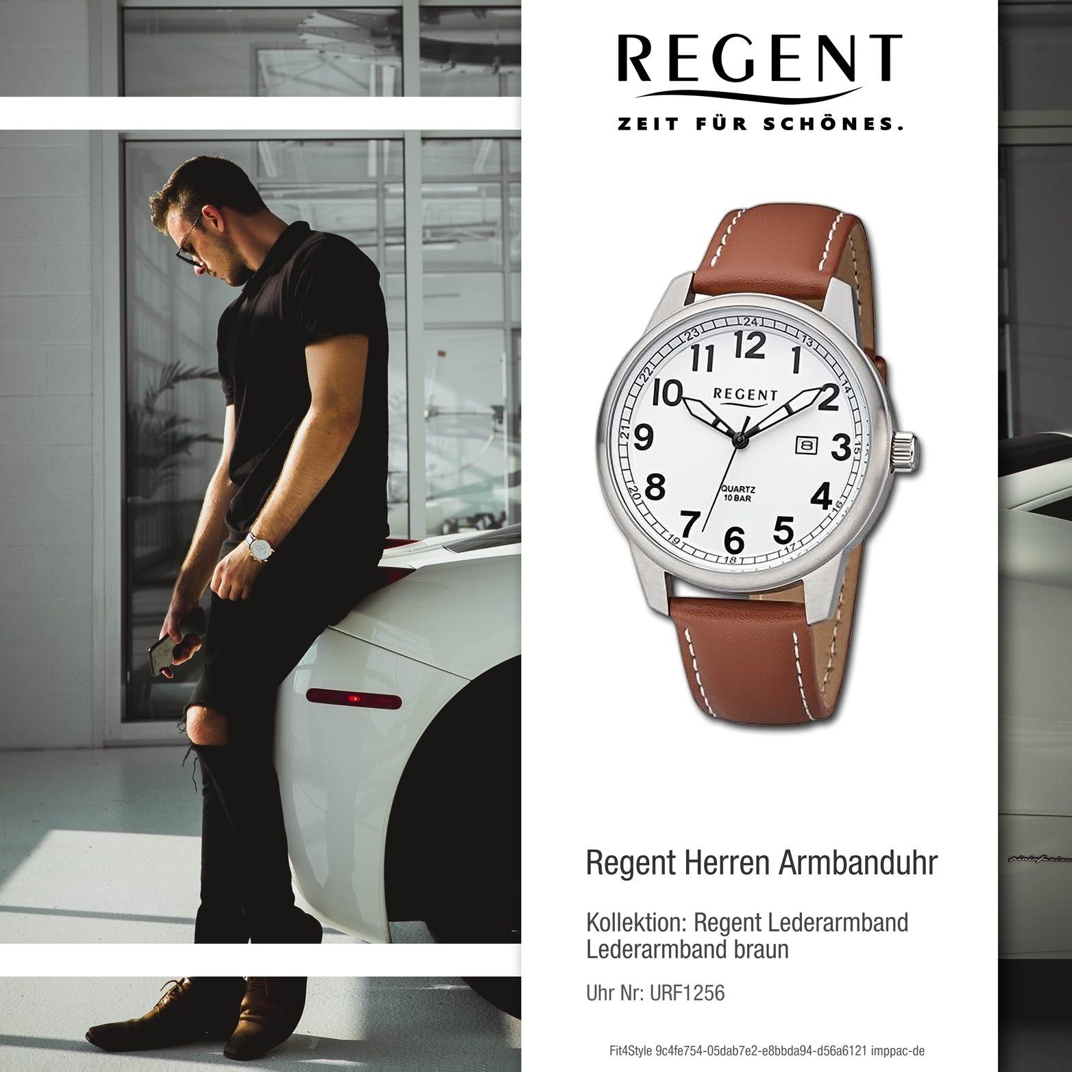 Armbanduhr Quarzuhr 43mm) Regent (ca. Regent weiß, Herren groß Analog, Herrenuhr rundes braun, Lederarmband Gehäuse,