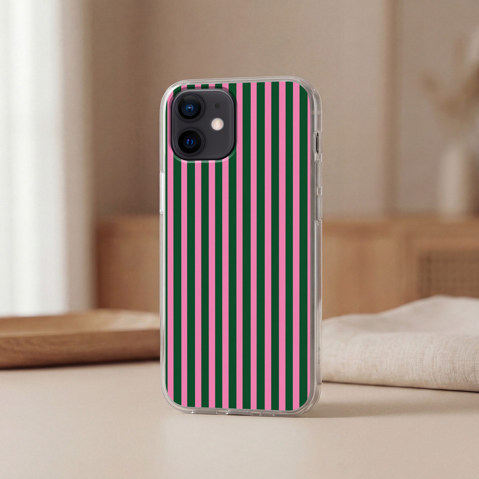 MuchoWow Handyhülle für Apple iPhone 12 Pro Vertikale Streifen - Grün - Rosa, Smartphone-Bumper, Print, Handy Schutzhülle Dünn