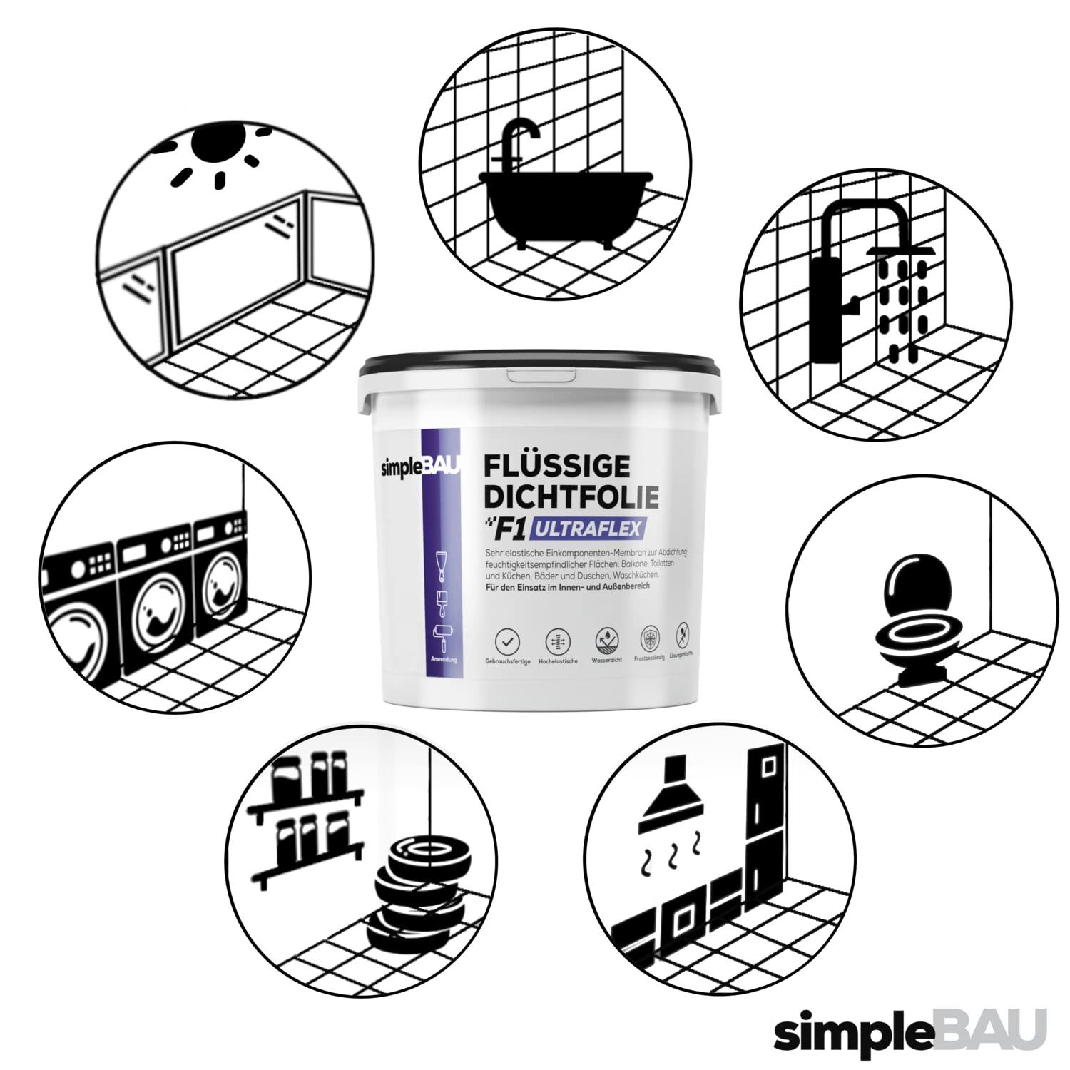 simpleBAU Dichtstoff Flüssigfolie Dichtfolie F1 Ultraflex 5kg + Tiefengrund 1L, (6-tlg)