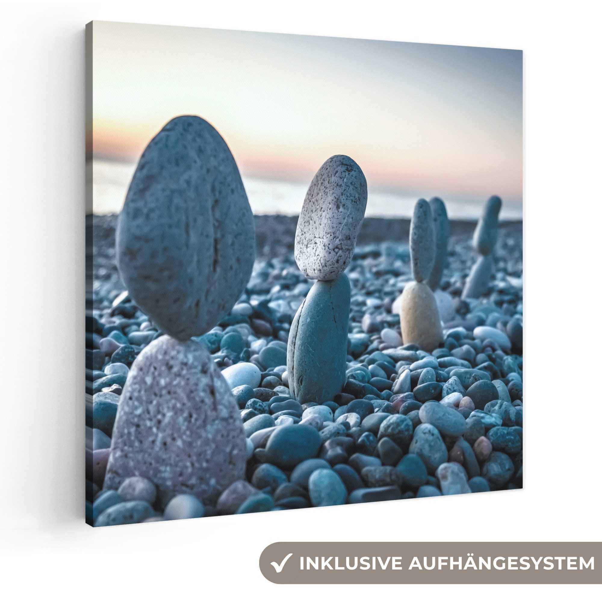 OneMillionCanvasses® Leinwandbild Zen-Steine - Sonnenuntergang - Meer, Fotodruck (1 St), Leinwandbild, Wandbilder Schlafzimmer 90x90 cm