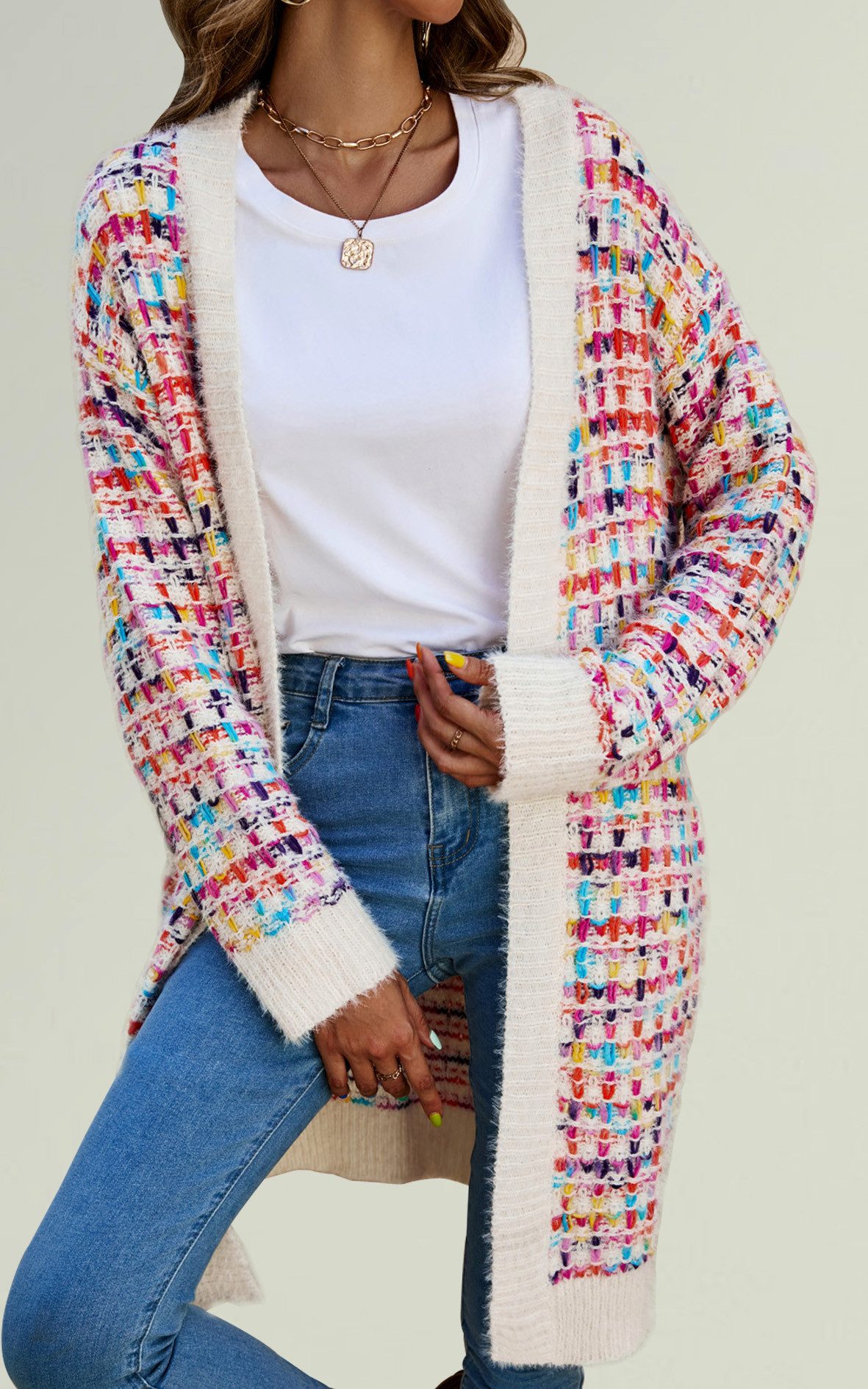 FS Collection Longstrickjacke Bouclé Strickjacke Cardigan mit Karomuster – günstig online kaufen