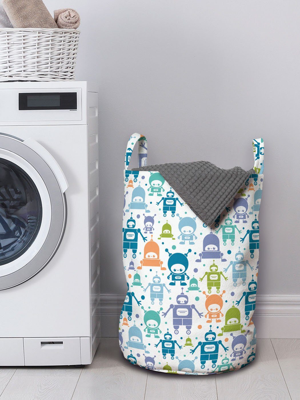 Abakuhaus Wäschesäckchen Wäschekorb mit Kordelzugverschluss Technologische Dots Maschinen Roboter Griffen für Waschsalons