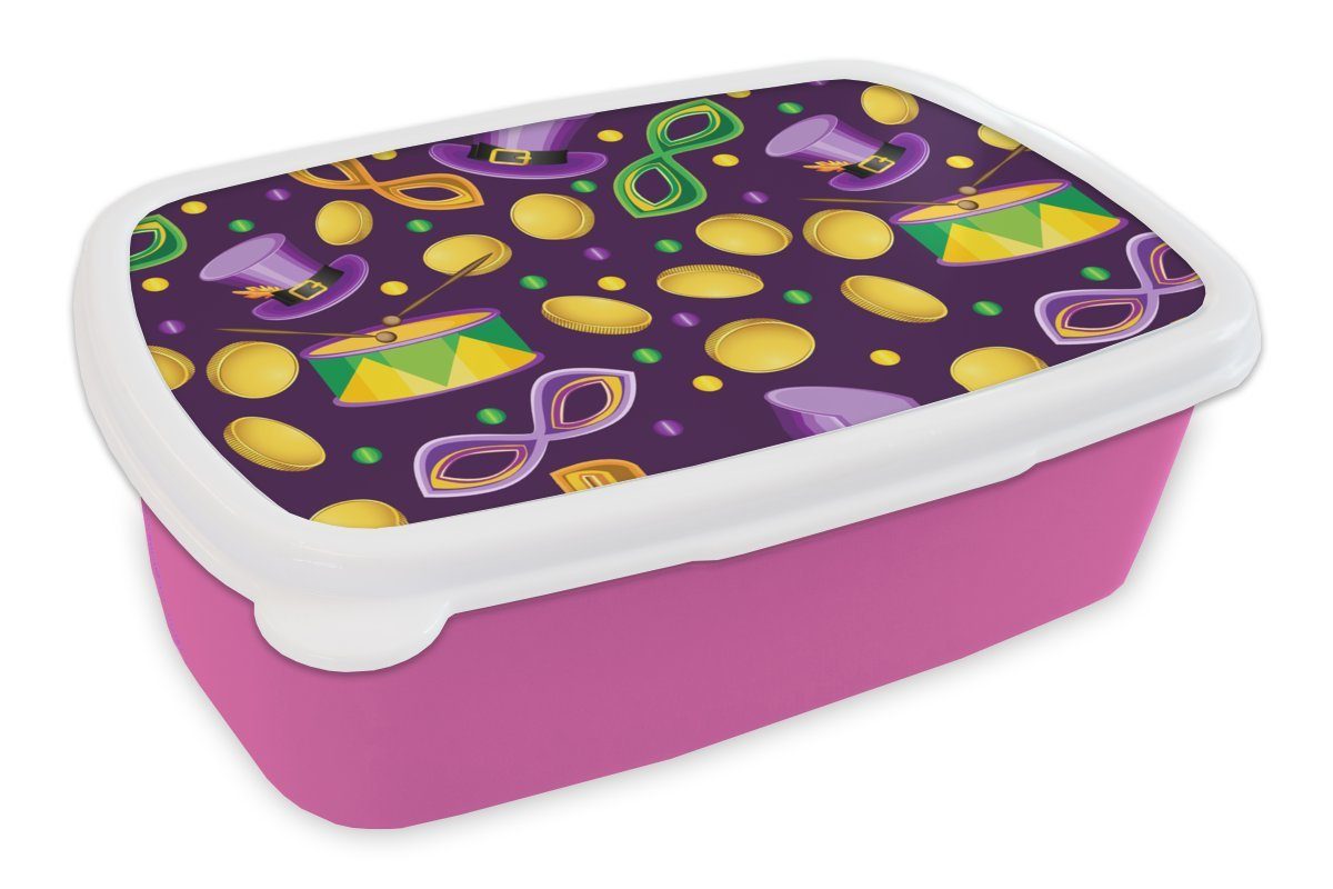 MuchoWow Lunchbox Karneval - Party - Lila - Muster, Kunststoff, (2-tlg), Brotbox für Erwachsene, Brotdose Kinder, Snackbox, Mädchen, Kunststoff rosa