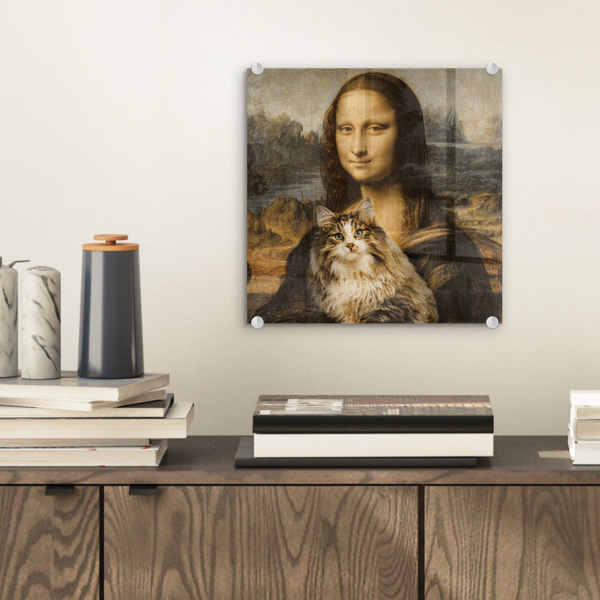 Bilder Glasbilder bunt Foto Leonardo Katze Kunstwerk da St), Vinci - - Mona - Alte, auf (1 Wandbild Glas - MuchoWow - - - Lisa auf Wanddekoration Vintage - Glas Acrylglasbild