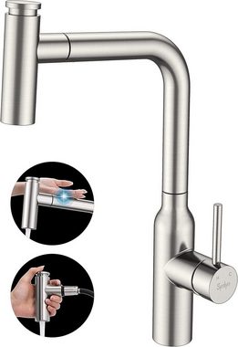 Synlyn Küchenarmatur BC309 (Touch Sensor Wasserhahn, Ausziehbar Küchenarmatur 360° Drehbar Spültischarmatur mit Brause) 304 Edelstahl gebürstet Induktion Hochdruck Einhand-Spültischbatterie