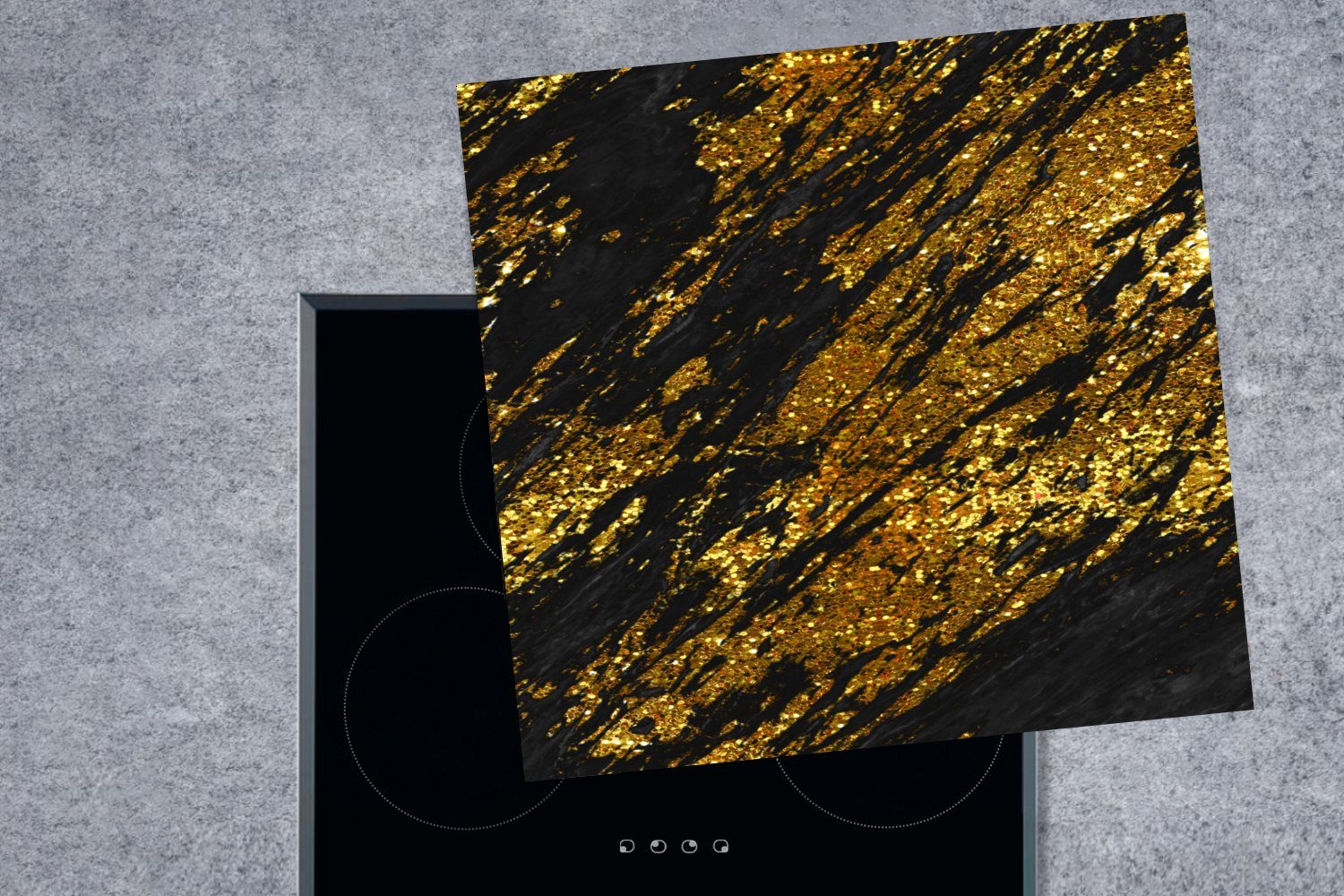 (1 Ceranfeldabdeckung, - für Gold cm, Vinyl, tlg), MuchoWow Arbeitsplatte Schwarz, küche 78x78 - Herdblende-/Abdeckplatte Marmor