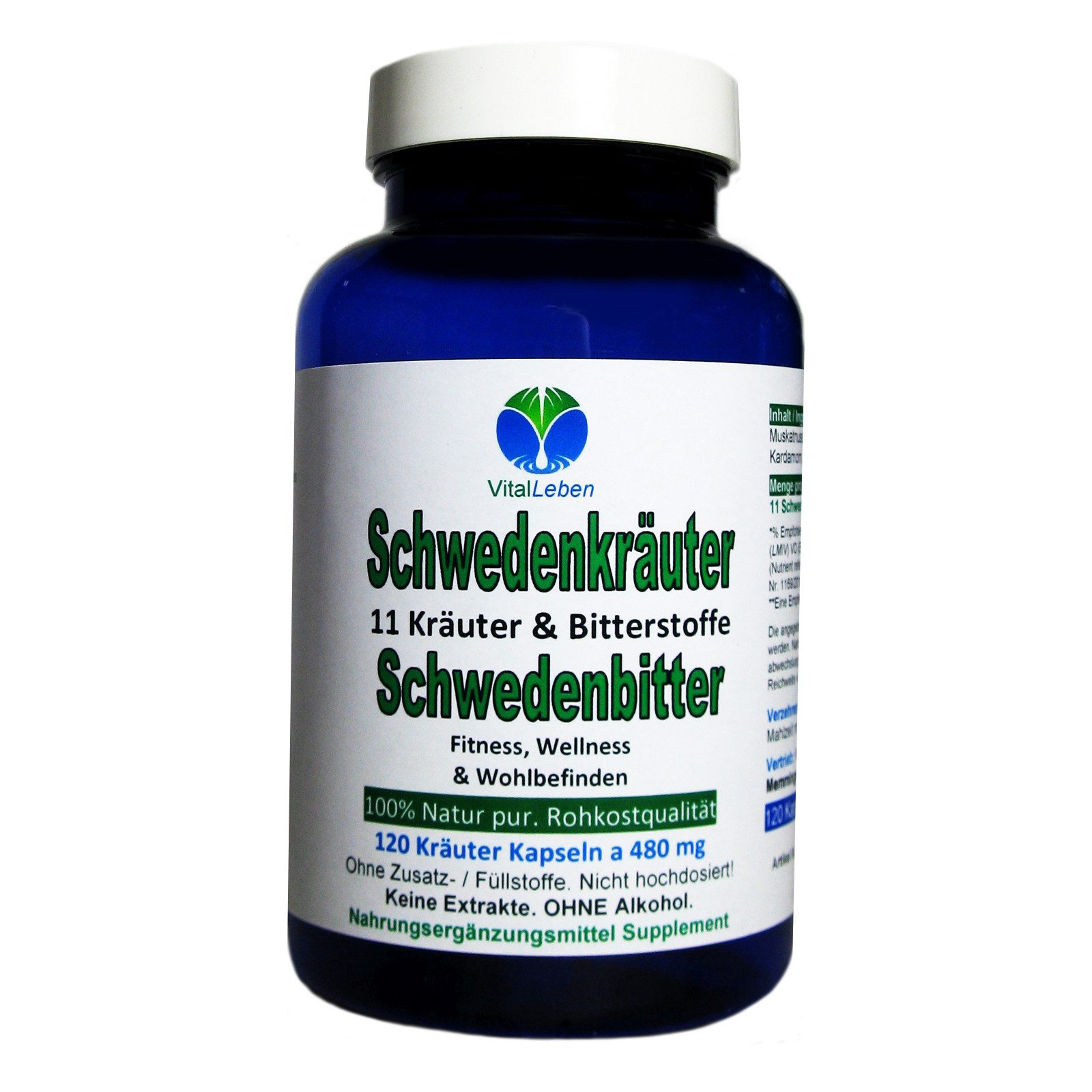 VitalLeben Schwedenkräuter - Schwedenbitter - BITTER KRÄUTER & Bitterstoffe Kapseln, 1 er Dose à 120 St., 57,6 g, Art. 26645-120