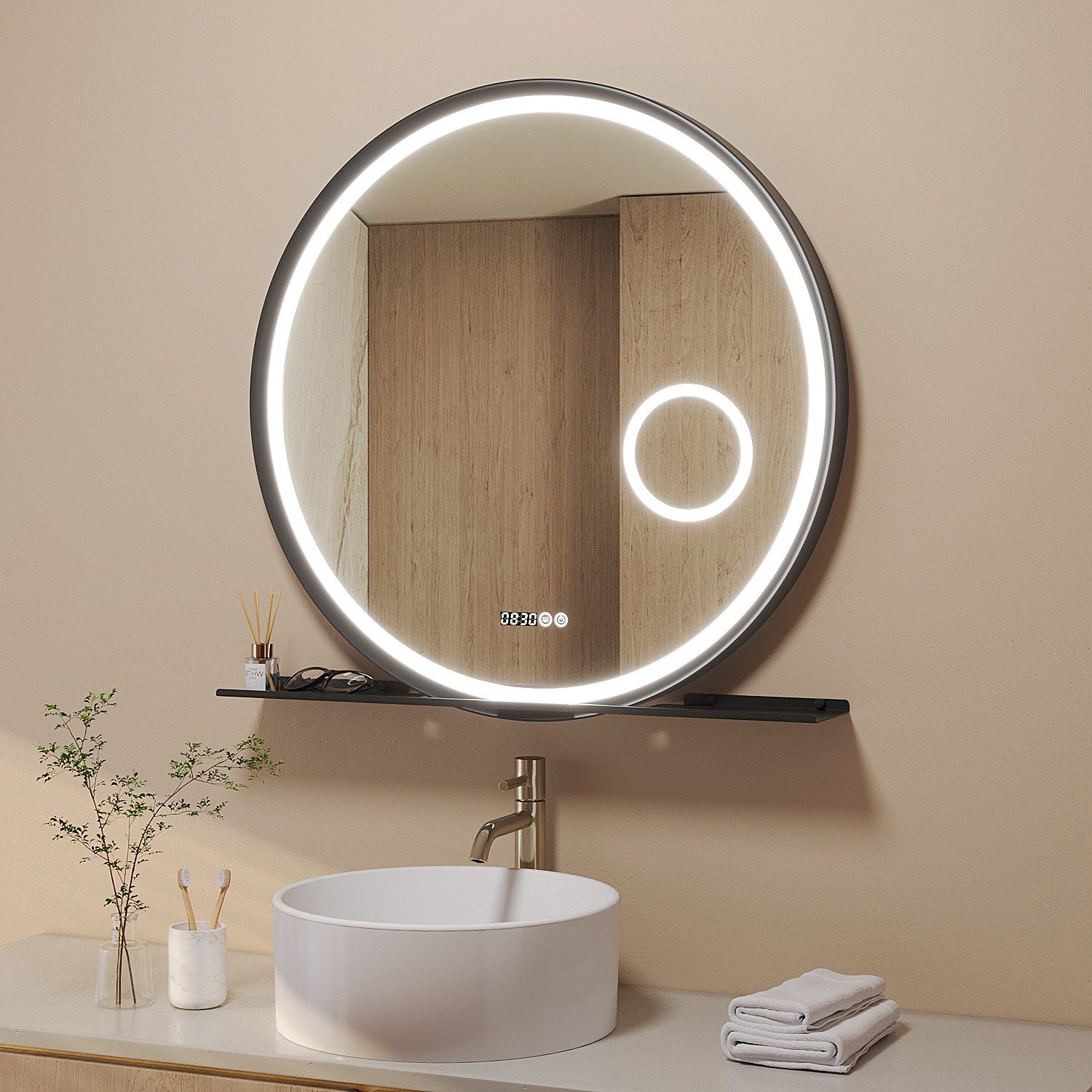 AQUALAVOS Badspiegel Badspiegel Rund Φ 80 cm Wandspiegel mit LED 6400K Kaltweiß Beleuchtung, mit 3-Fach Vergrößerung Kosmetikspiegel und LED Digitaluhr