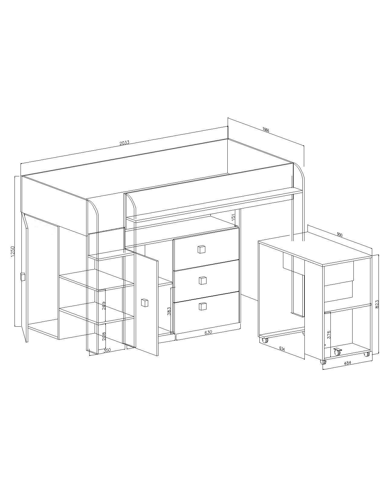 Unique Schreibtisch TOL1, Grau Hochbett,Etagenbett Hochbett und Treppe, Schubladen mit Home Weiß/Griffe