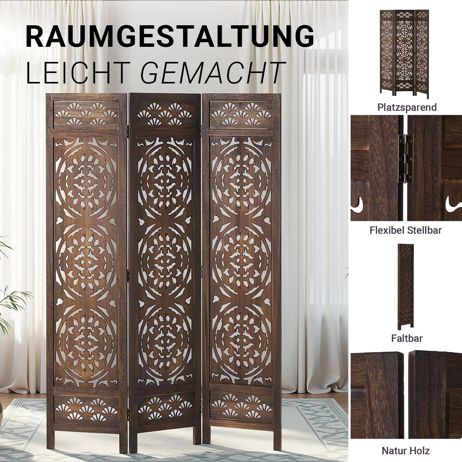 Homestyle4u Paravent Raumteiler Holz Trennwand Braun Sichtschutz Indoor faltbar Muster (3-teilig), Orientalisch, Dunkelbraun, Holzmotiv