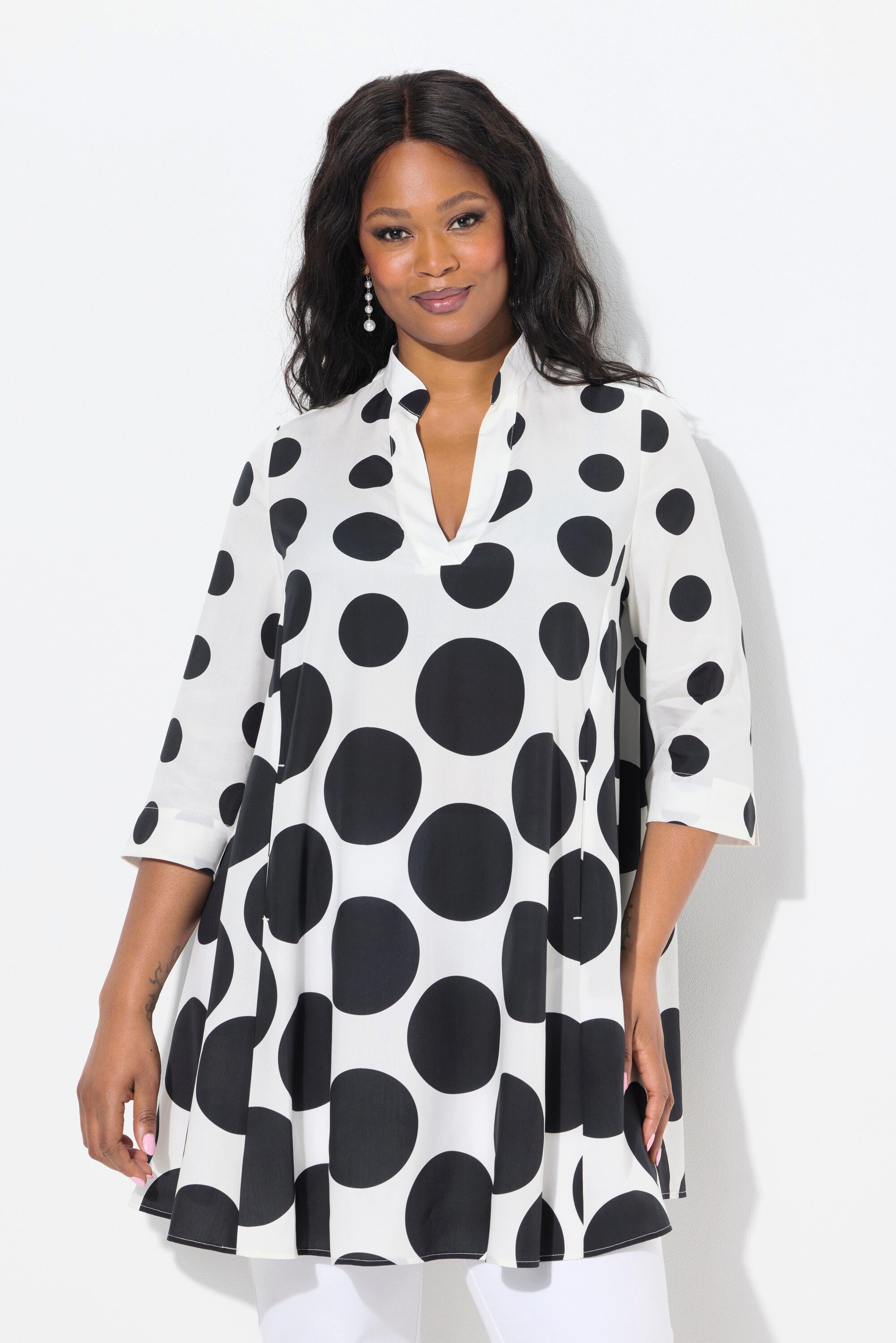 Ulla Popken Tunika Tunika Punkte Godetfalten V-Ausschnitt 3/4-Arm günstig online kaufen