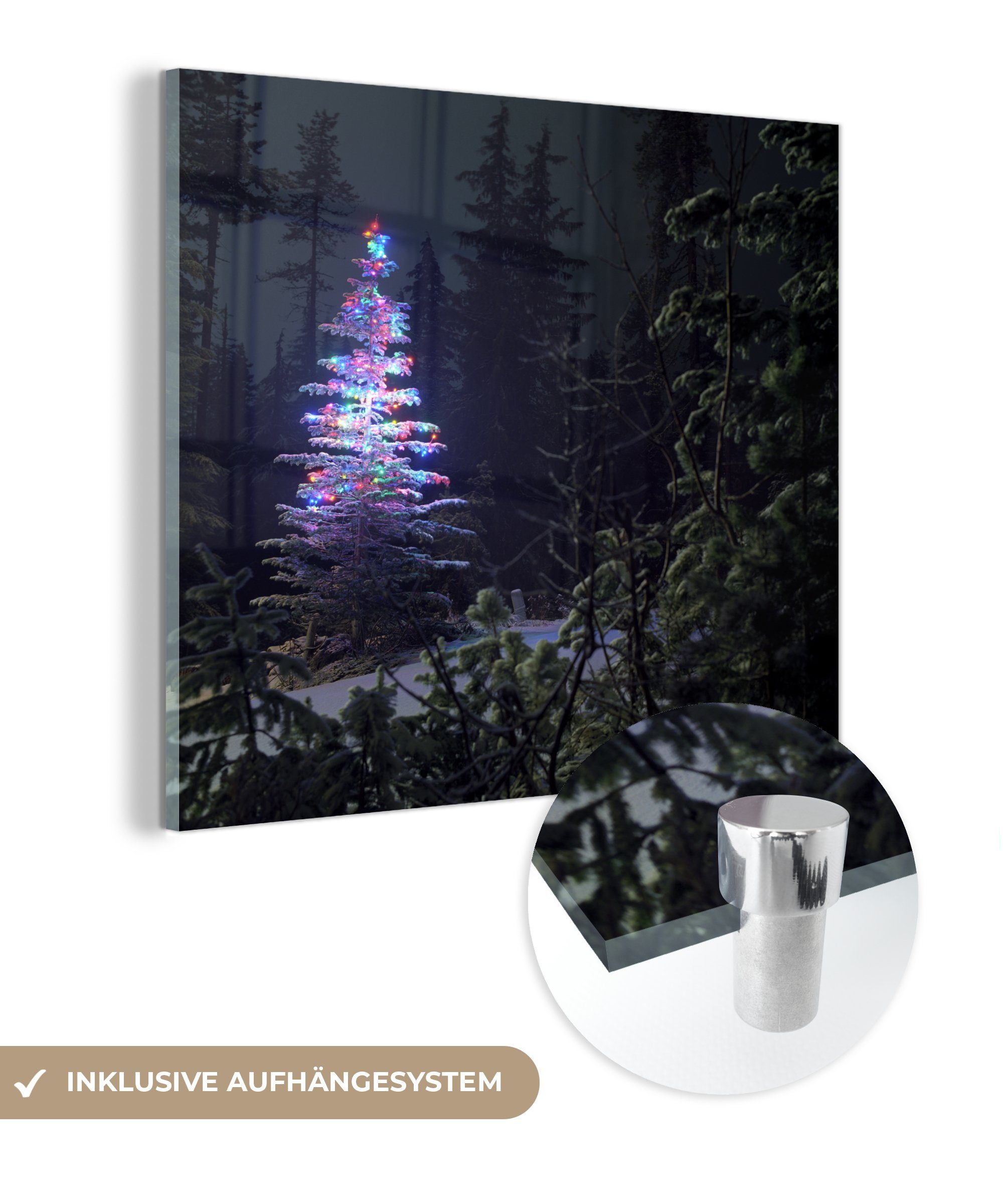 MuchoWow Acrylglasbild Beleuchteter Weihnachtsbaum in einem dunklen Wald, (1 St), Glasbilder - Bilder auf Glas Wandbild - Foto auf Glas - Wanddekoration