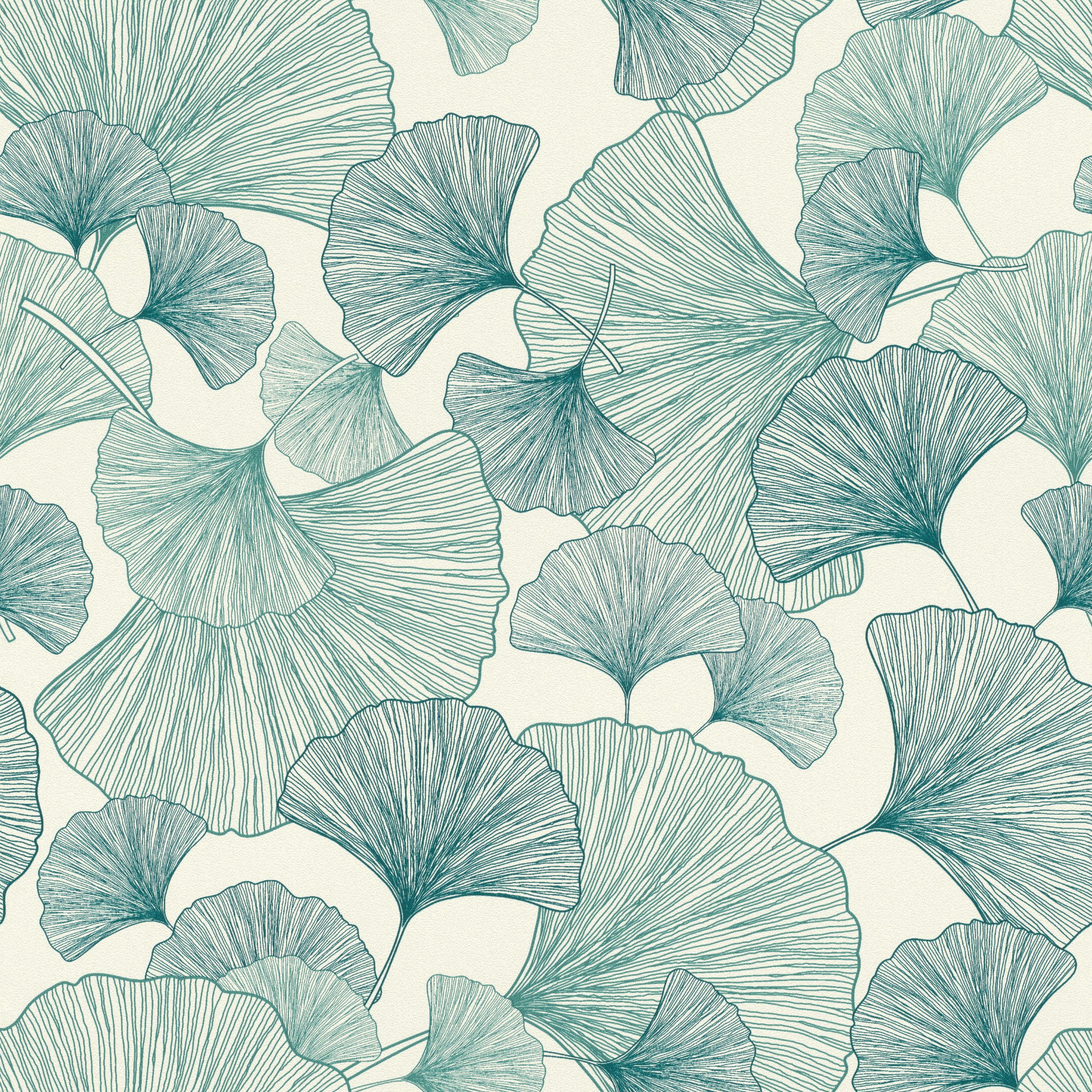 Rasch Vliestapete Ginkgo-Blätter - Vinyltapete Weiß Grün, floral, (1 Rolle, 1 St., 10,05 m x 0,53 m), Lichtbeständige Farben - Feucht abwischbar - Restlost abziehbar