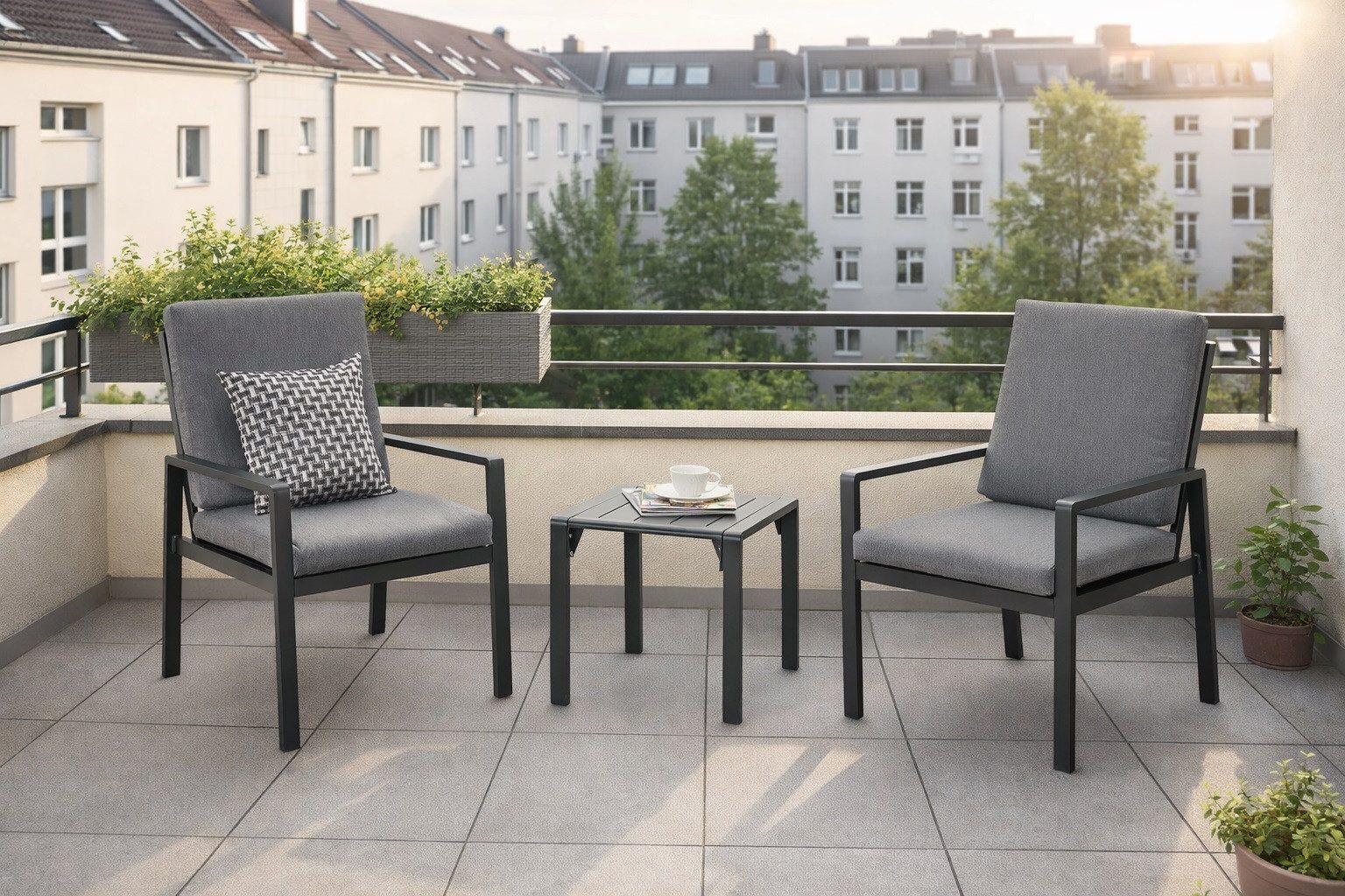 MeXo Gartenlounge-Set Lounge Gartenmöbelset Aluminium Wetterfest, (Balkonmöbel Set für 2 Personen, 3-tlg., 2 Sessel, Couchtisch 44x44x41 cm), 85 cm Rückenlehne, hoher Sitzkomfort