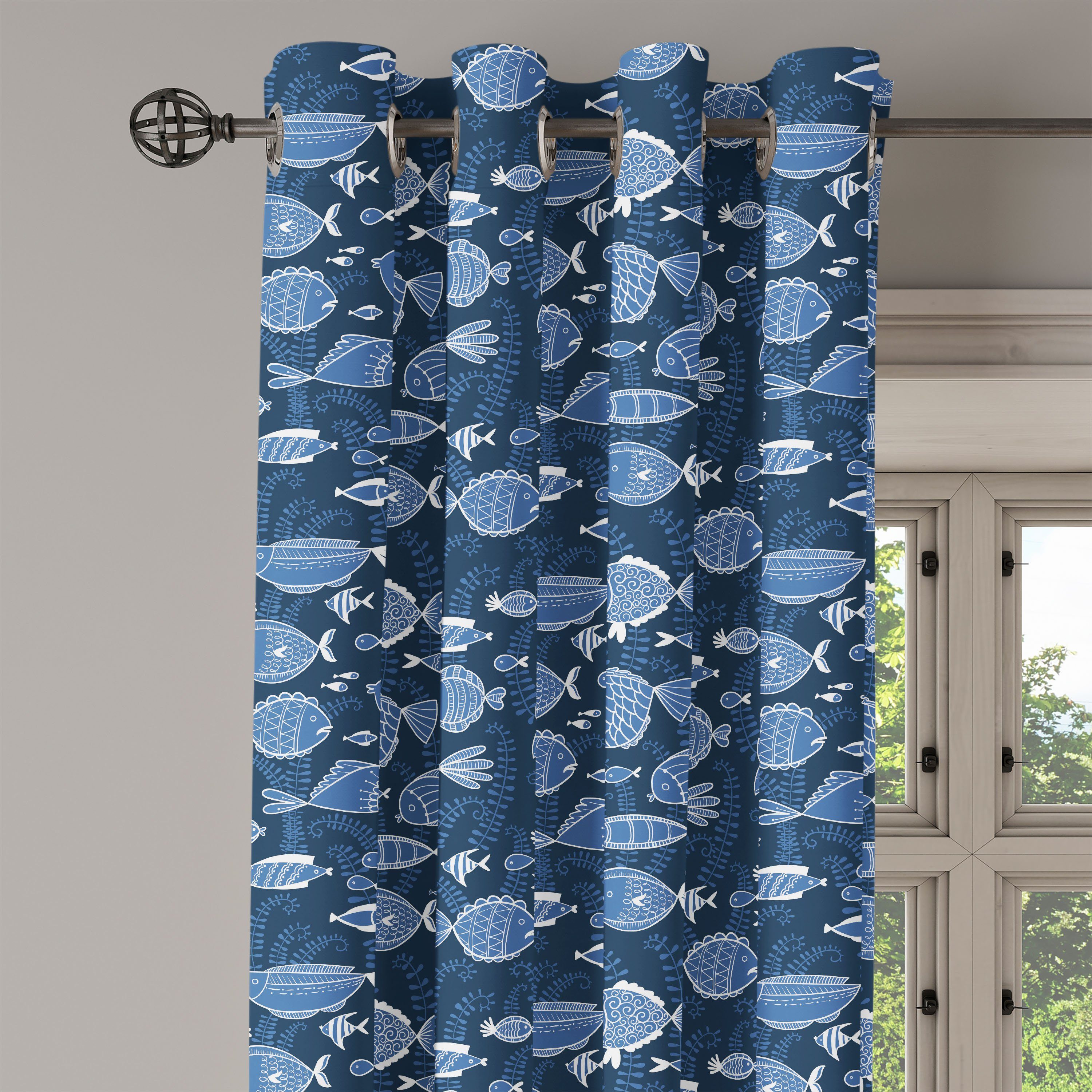 Dekorative für Moss Schlafzimmer Abakuhaus, Leaves Wohnzimmer, 2-Panel-Fenstervorhänge Gardine Tropic Ozean Fisch