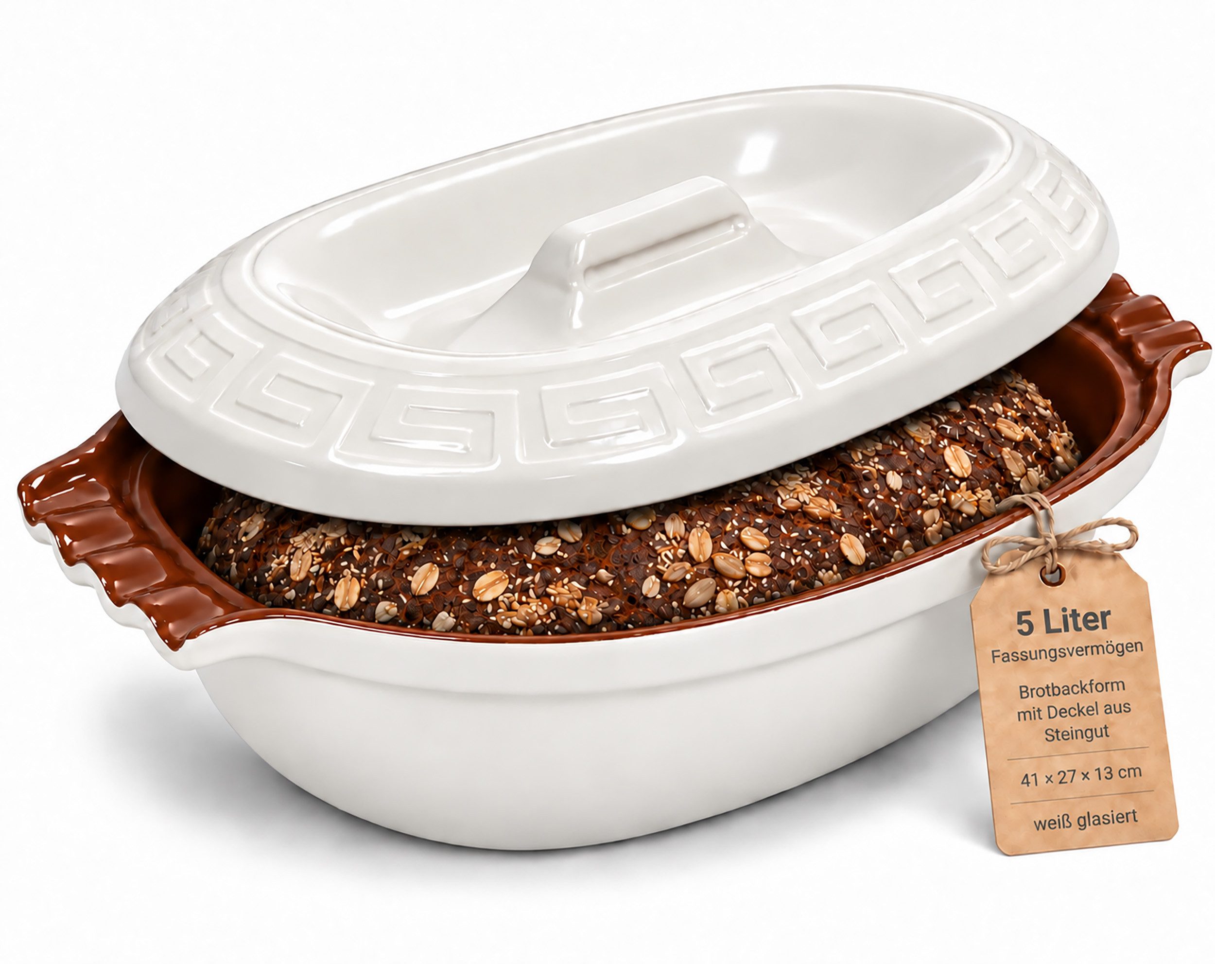 KERAZO Brotbackform 5L Keramik Bräter oval mit Deckel Brottopf Auflaufform 41x27x13cm weiß, Mit dekorativem Relief am Deckel und markant geformten Seitengriffen