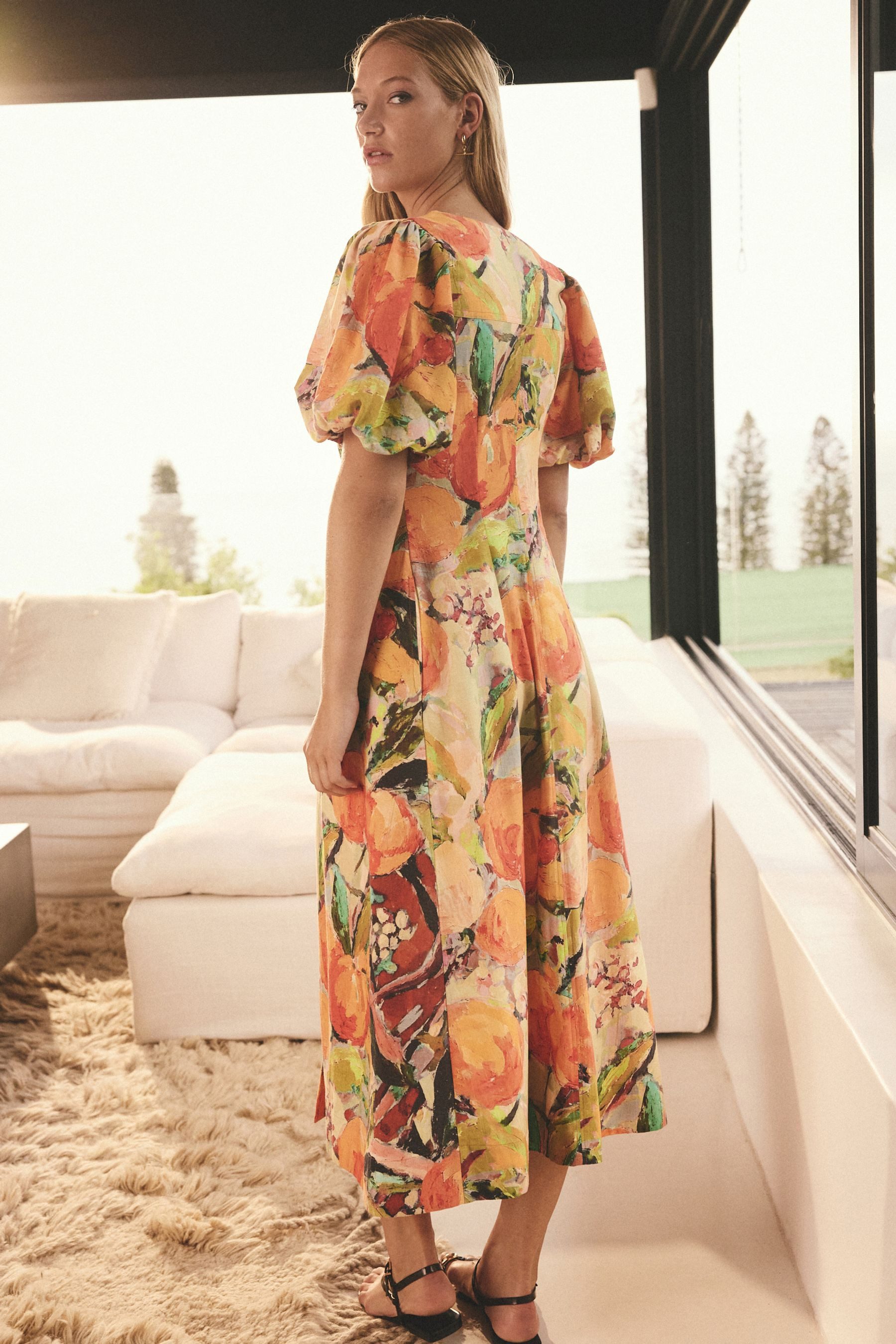 Next Midikleid Durchgeknöpftes Midikleid mit Leinen Puffärmel (1-tlg) günstig online kaufen