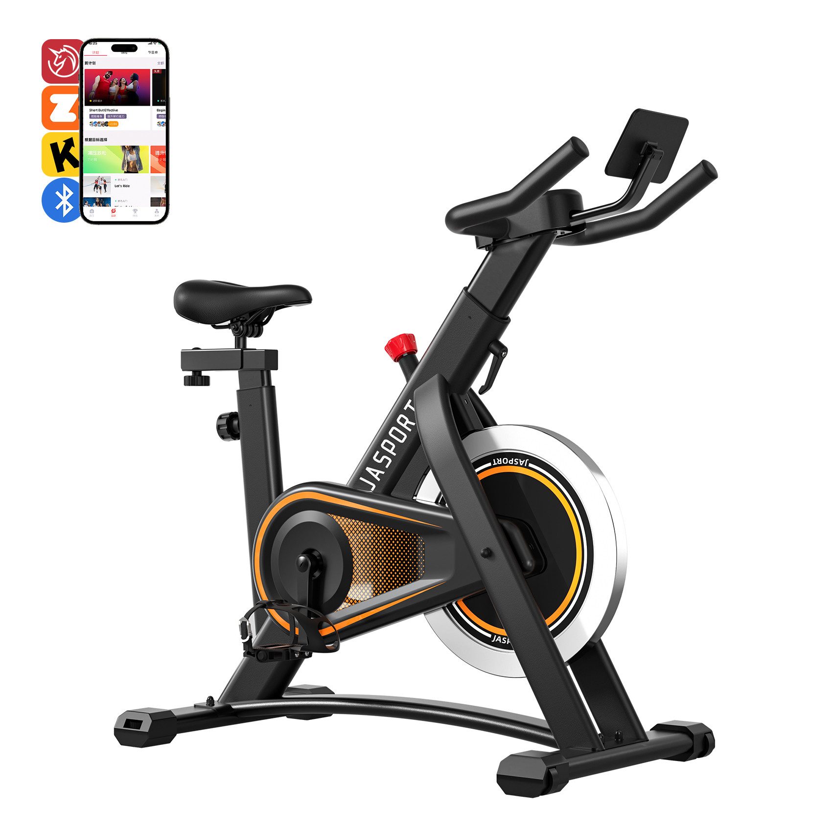 JASPORT Speedbike A3 Smart Indoor-Fahrrad mit LED-Display, Bluetooth & Zwift/Kinomap (Speedbike, Mit 7,5 kg Schwungrad, Tablet-Halterung, Rollen & Komfortsattel), Video-Kurse auf Abruf, Echtzeitdaten per App & bis 120 kg belastbar