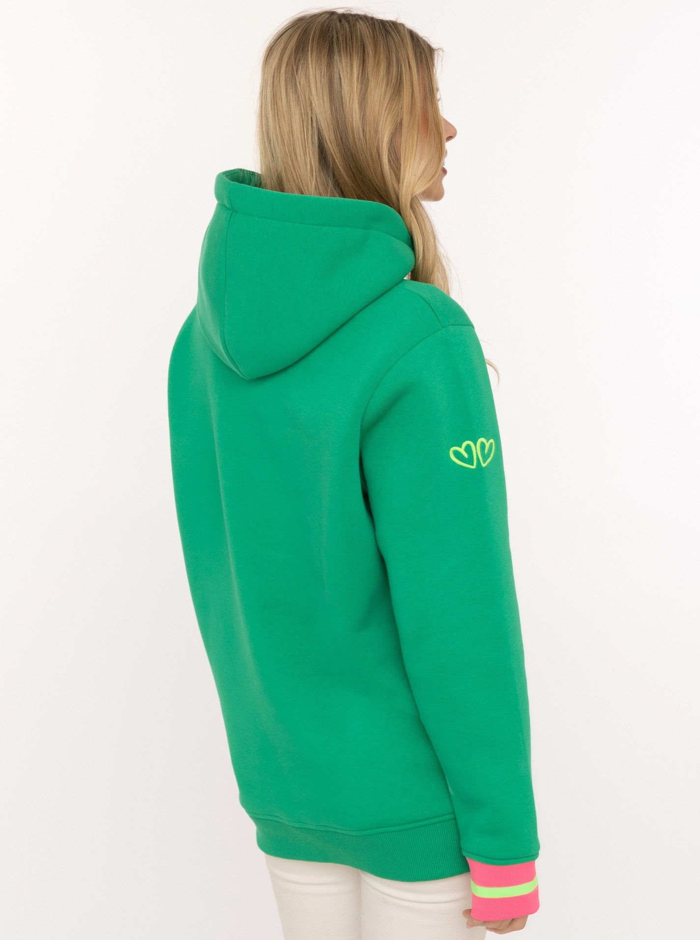 Zwillingsherz Hoodie "SMILE" große Stickerei, gestreifte Bündchen, Fronttasche, Kapuze