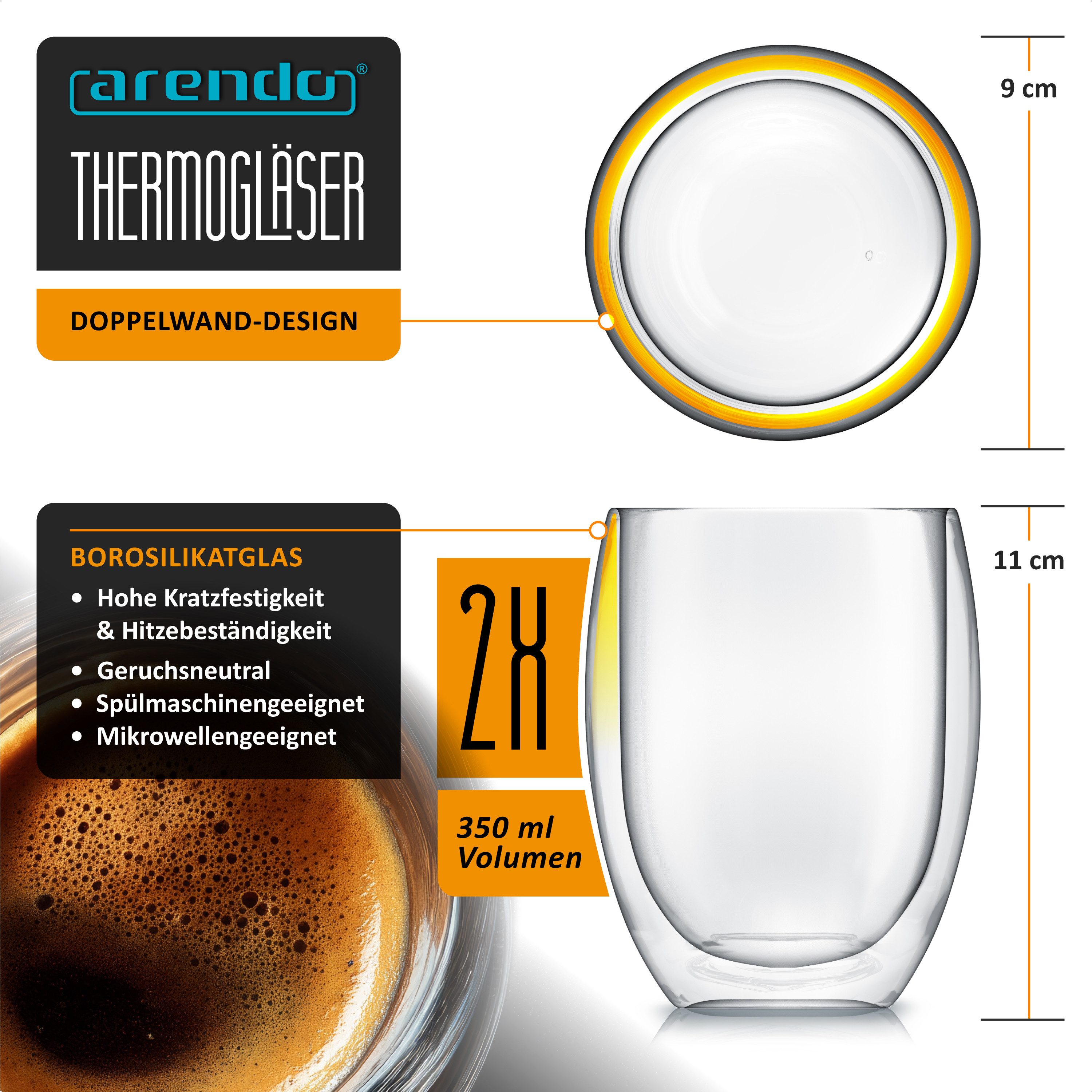 Arendo Gläser-Set doppelwandige Thermogläser, 350 ml Kaffeetasse, Trinkglas ohne Henkel, 2-tlg., Glas, für Latte Macchiato, Cappuccino, Tee, hitzebeständig spülmaschinenfest