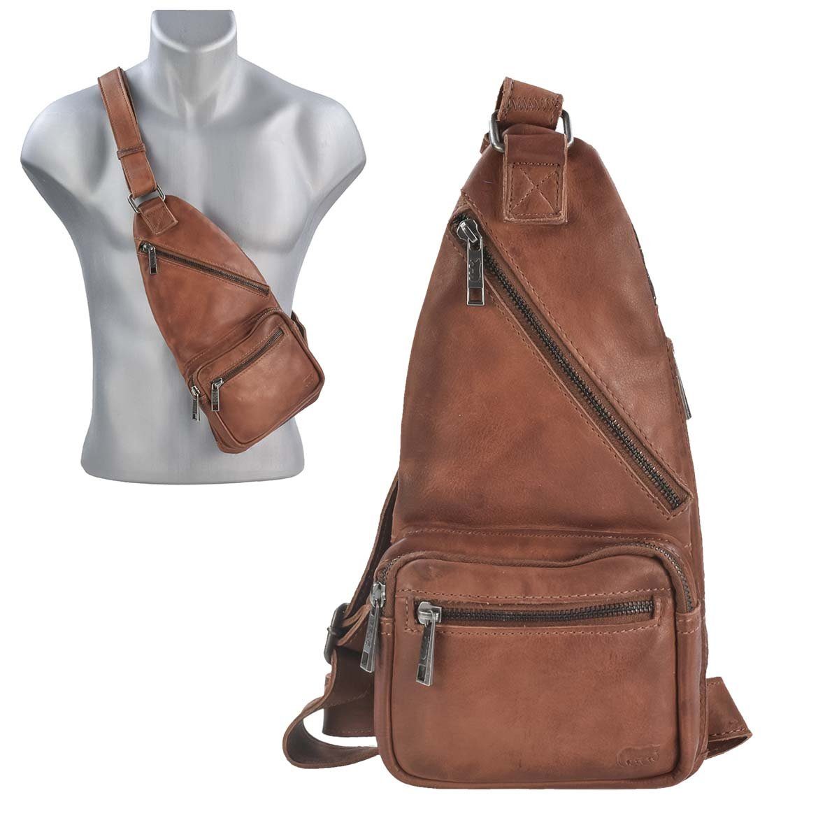 Bear Design Umhängetasche "Nolani" Callisto Pelle Leder, Crossbody, Crossbag, sportlich, knautschig weiches Leder cognac braun