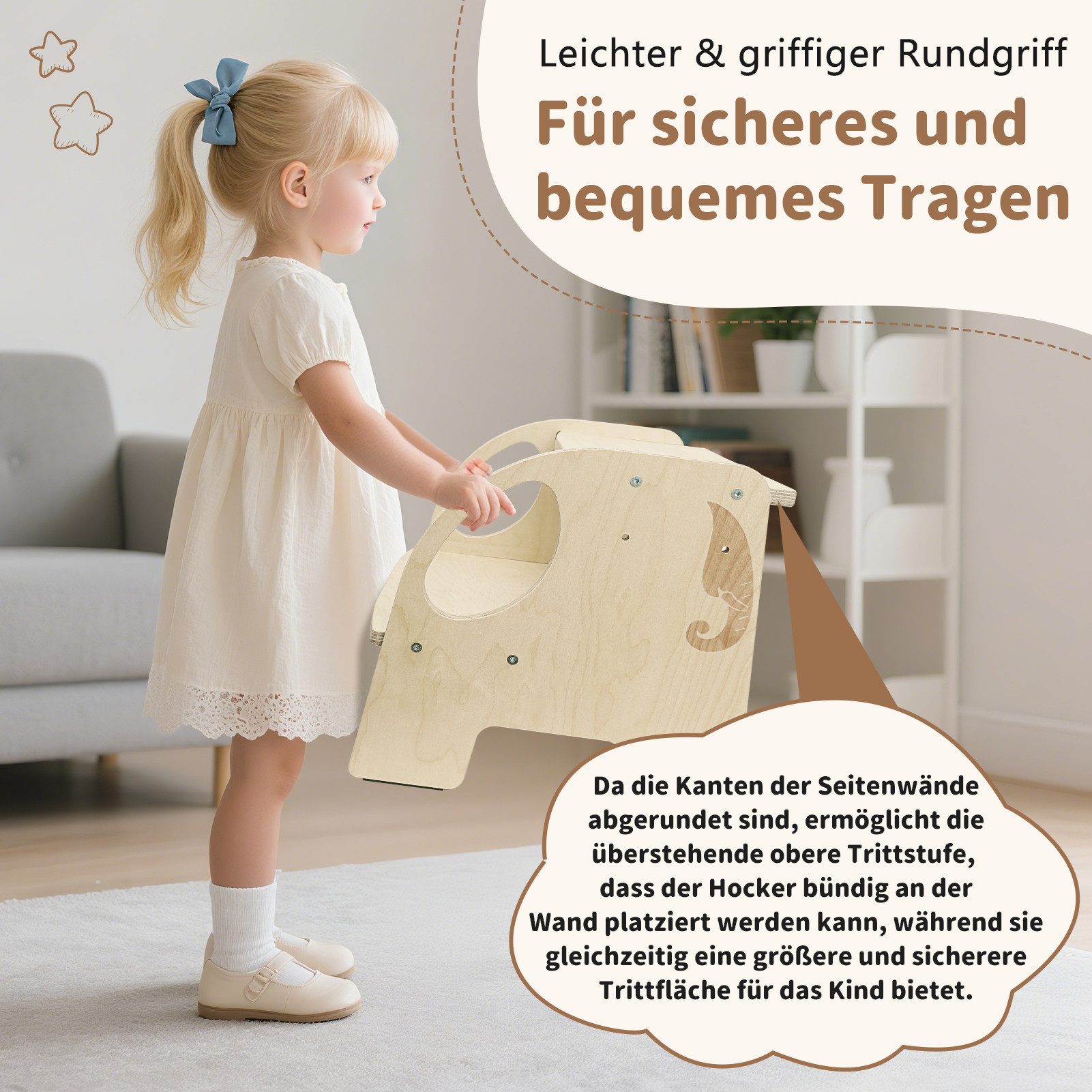 OSTWOLKE Tritthocker mit 2 Stufen Holzhocker für Kinder Montessori Hocker (1 St), Kindertreppchen Schemel für Bad, Küche, Kinderzimmer ab 2 Jahre