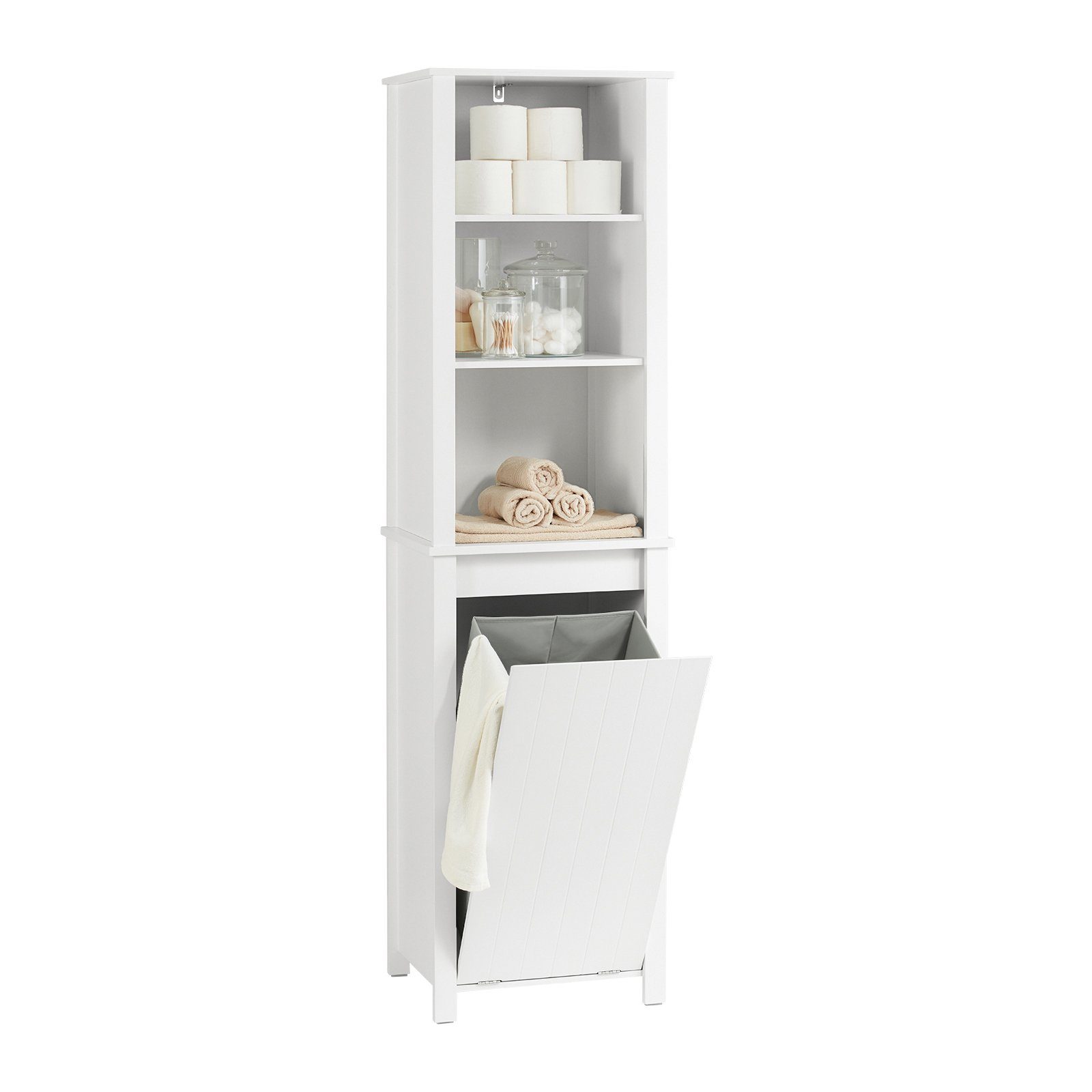SoBuy Hochschrank BZR102, Badezimmer Schrank, Badezimmermöbel Badezimmerschrank mit Wäschesack Wäscheschrank Badregal Badschrank