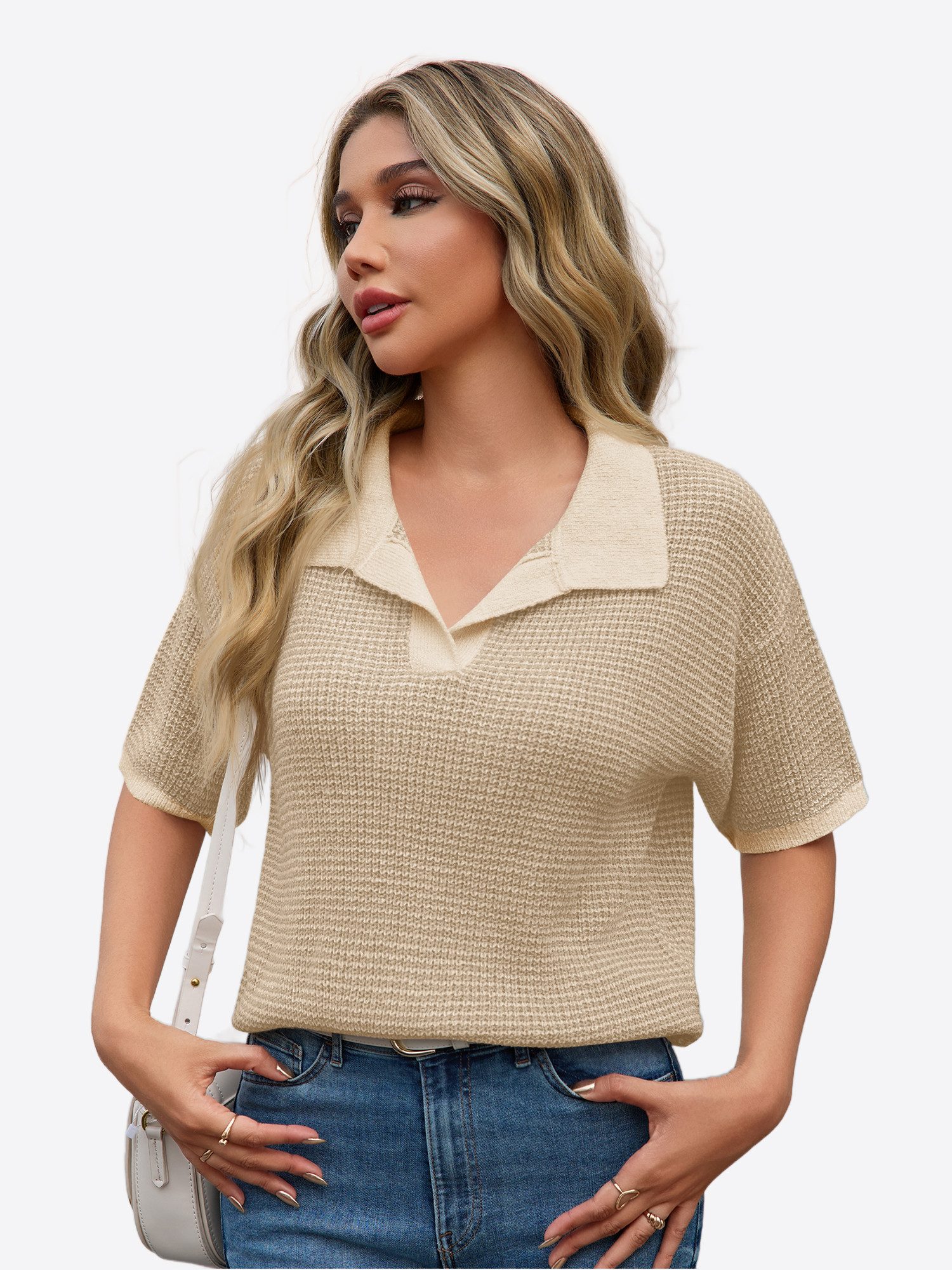 Imily Bela Strickpullover Damen gestreifter Pullover mit Polokragen (Packung, 1-tlg., 1per-Pack) V-Ausschnitt