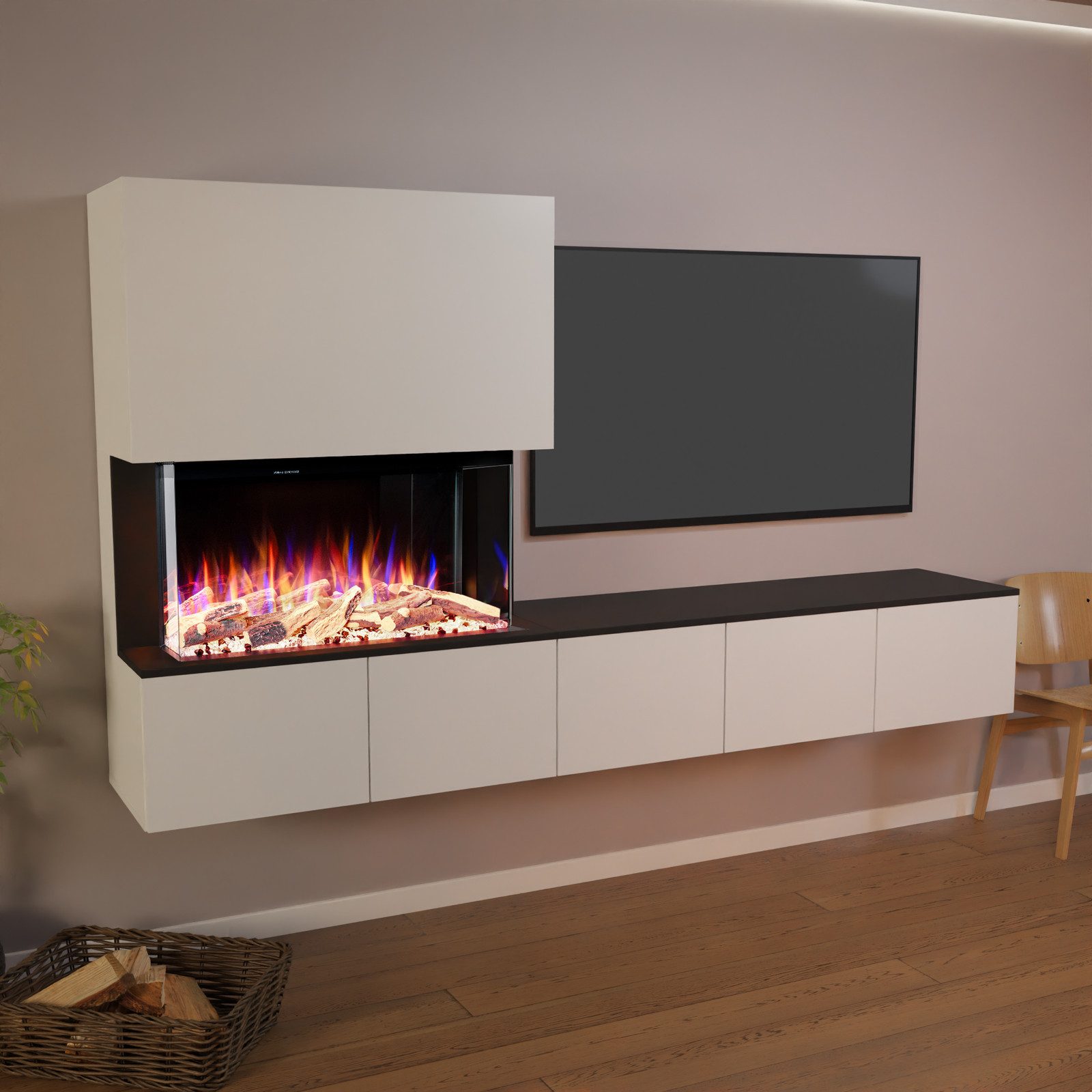 GLOW FIRE Elektrokamin CW5 Links E-Motion LED Kamin- Wohnwand mit Kamin, Sideboard mit Kamin, Elektrokamin mit Heizfunktion und Knistereffekt