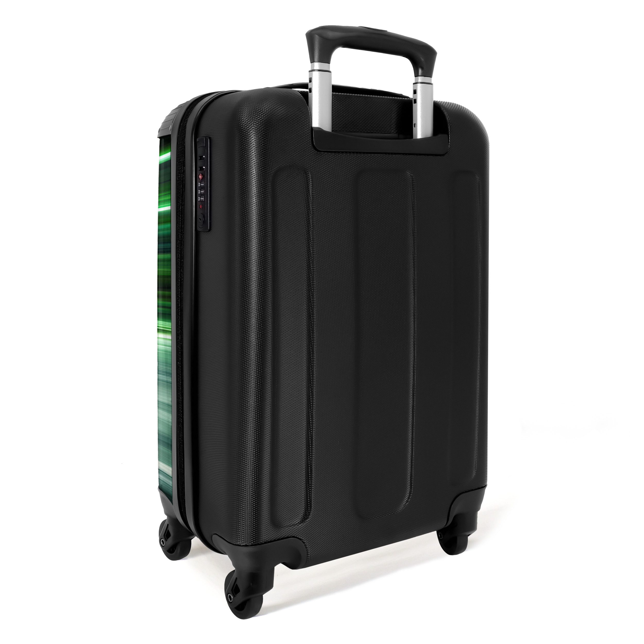 NoBoringSuitcases.com© Kinderkoffer Blauer Rennwagen mit Streifen in grünem Tunnel 55x35x20cm, 4 Rollen, Handgepäck Koffer, Hartschalenkoffer Kinder, Reisekoffer Jungen