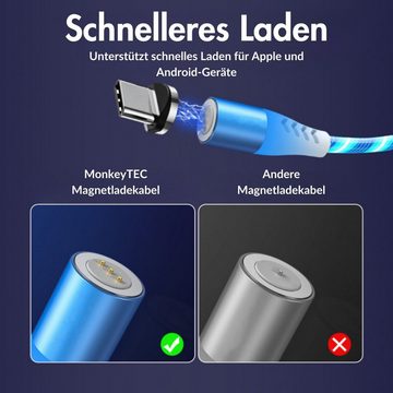 MonkeyTEC 3 in 1 Magnetisches Ladekabel leuchtend für iPhone/MicroUSB/USB-C magnetisches Ladekabel, Magnetstecker, (100 cm), 3 Magnetaufsätze, Leuchtet in Farbe, Knotenfrei