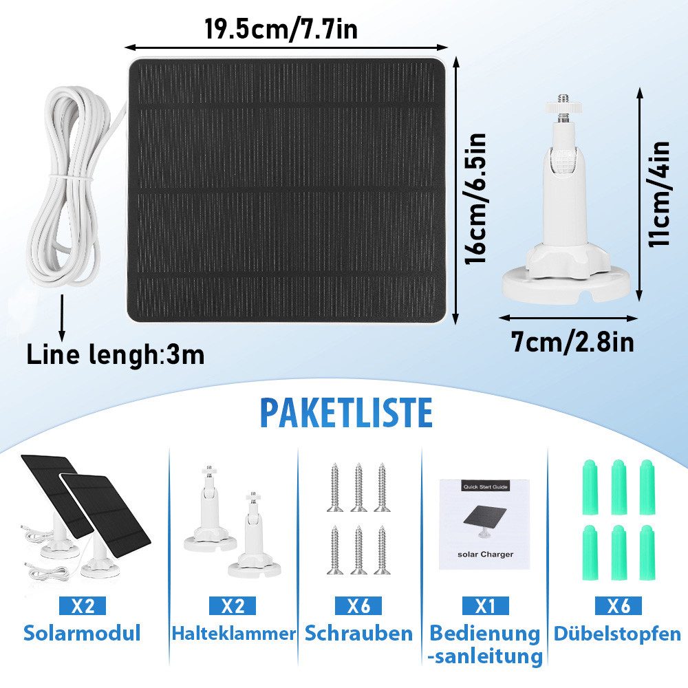 XERSEK Solarmodul 2er-Pack Solarpanel für Arlo Pro 3/4/5S/Ultra, Solarmodul, Solar Panel, (5W Mono-Panel, 3m Kabel, PET-Beschichtung, IP65, Verstellbar Halterung), IP65 Robustes Einfaches Solar Charger (Nicht für Kameras ohne Akku)