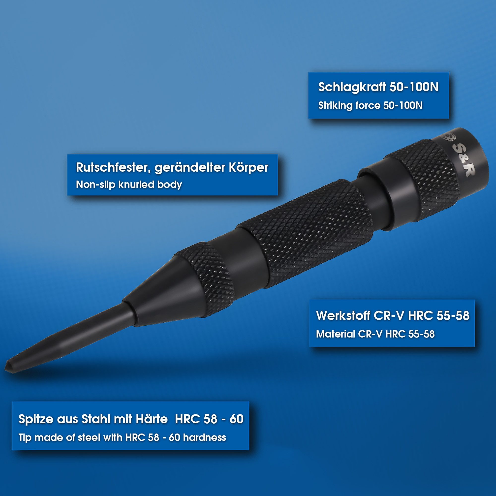 S&R Reißnadel Automatischer Ankörner 50-100 N, 130 mm, Federkörner, Cr-V, (2-St), langlebige Vollmetall-Ausführung, für Metall, Holz, Stein, Kunststoff