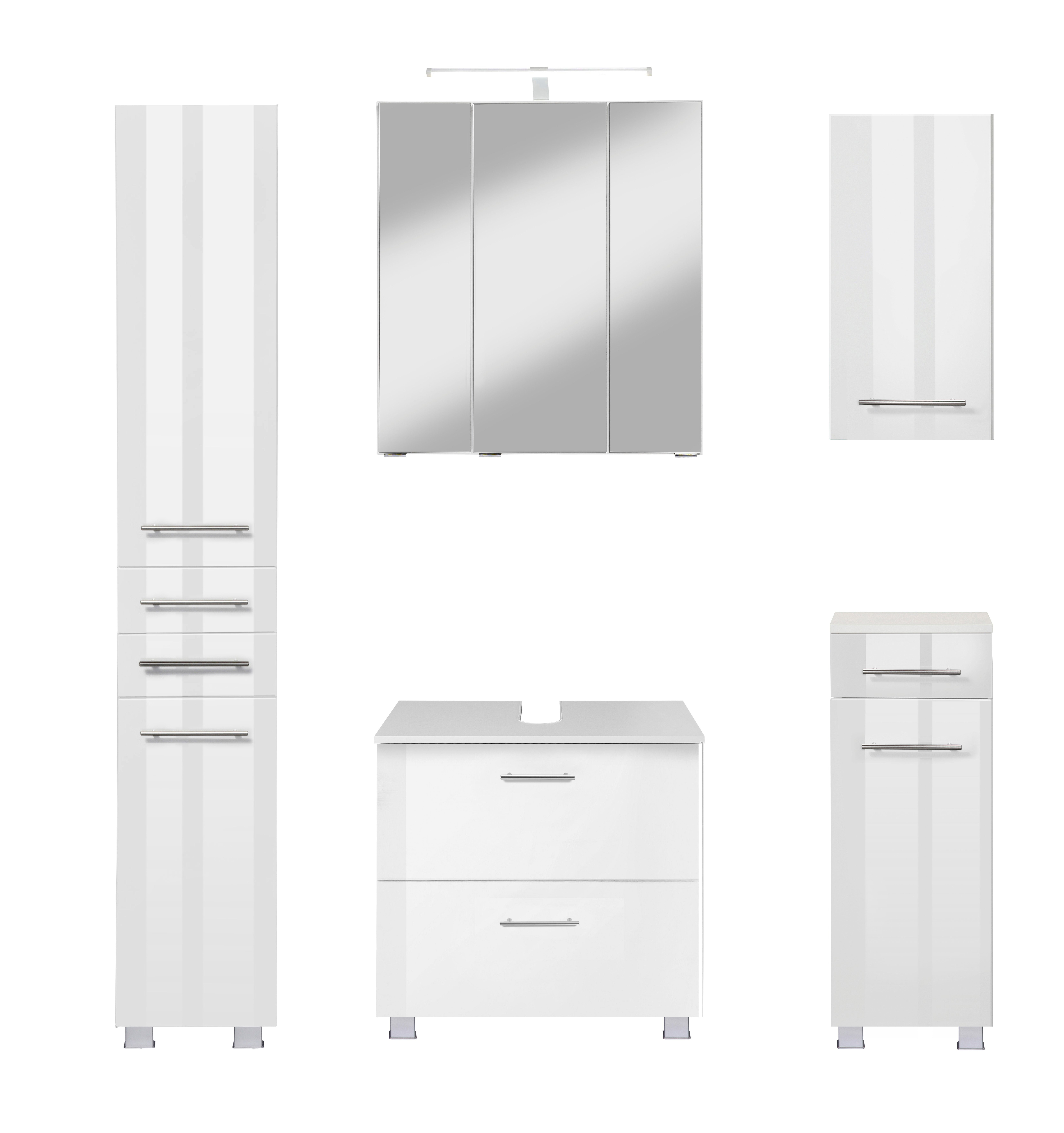welltime Badmöbel-Set "Trento", Badezimmer-Set, Hängeschrank, Unterschrank, Hochschrank, (5-St), Waschbeckenunterschrank, Spiegelschrank inkl. Aufbauleuchte