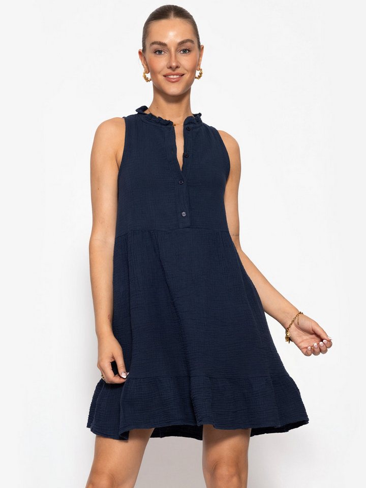 SASSYCLASSY Minikleid Ärmelloses Musselinkleid mit Volants für Damen Luftiges Sommerkleid aus Musselin Baumwolle mit Stehkragen