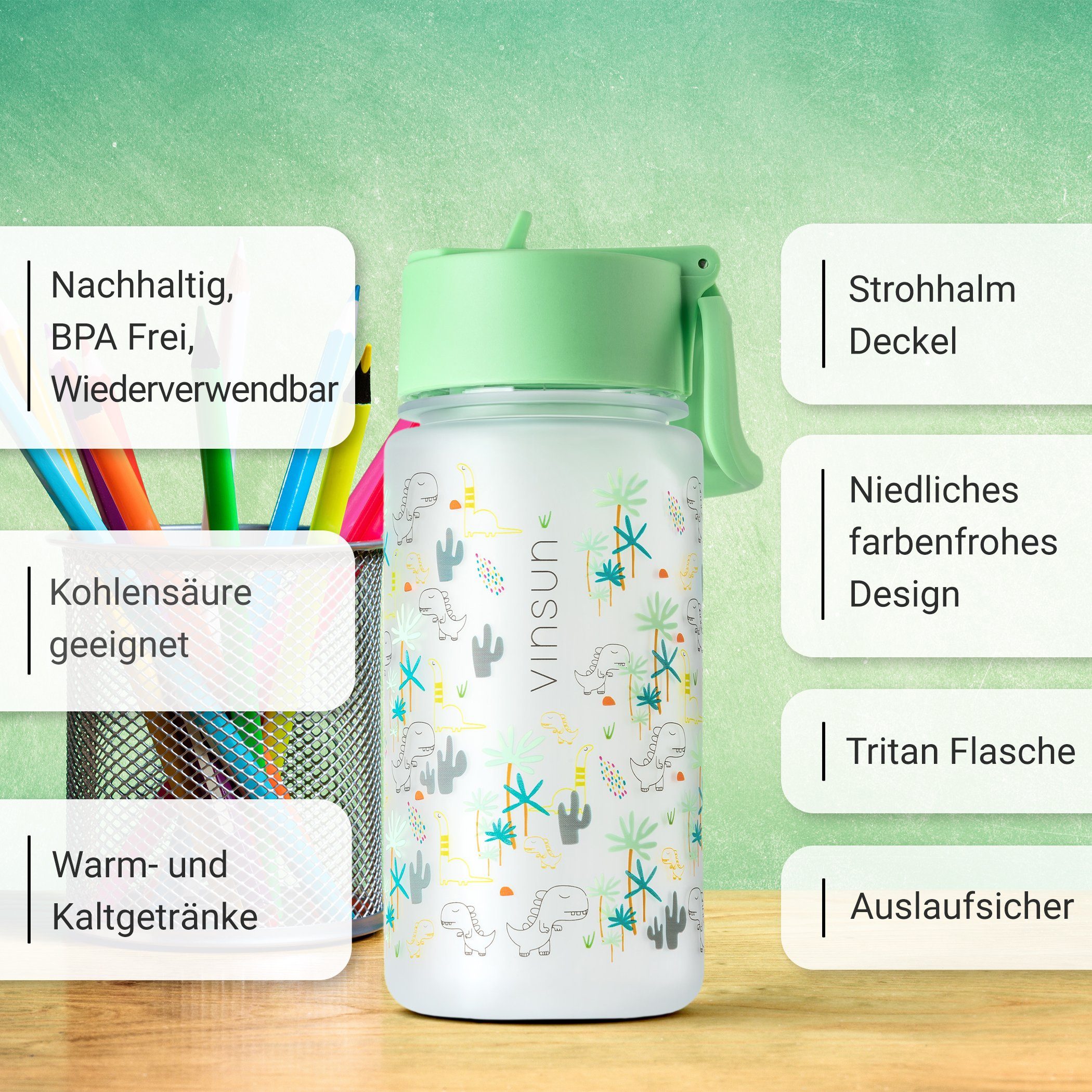 Vinsun Trinkflasche Tritan Flasche 500ml Kinder Wasserflasche mit Strohhalm auslaufsicher, BPA frei, bruchsicher, geruchs- & geschmacksneutral, geringes Gewicht