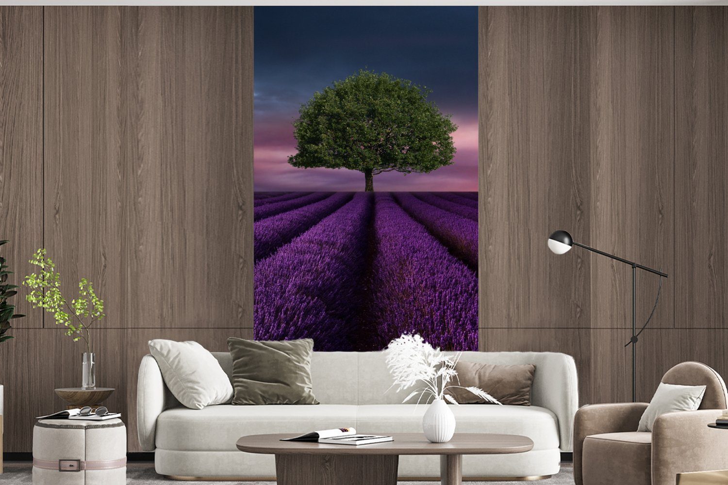 - (2 Fototapete Lavendel Wohnzimmer für Matt, Lila, - bedruckt, Vliestapete MuchoWow Baum Küche, Schlafzimmer St), Fototapete