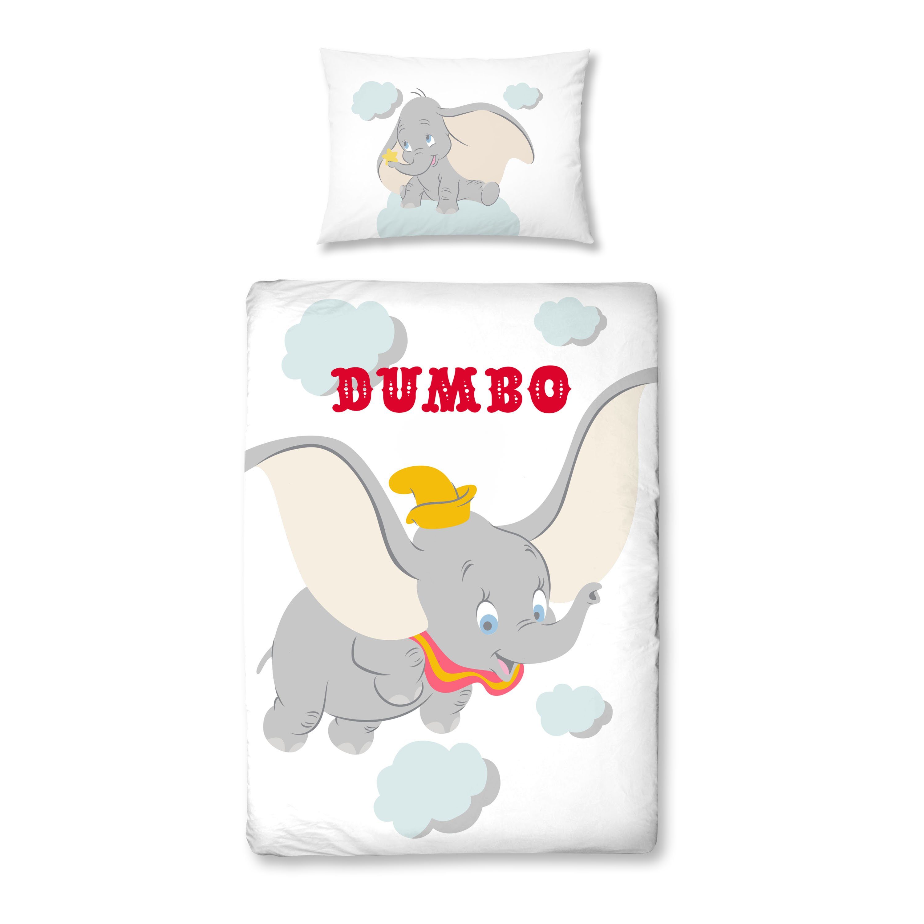Babybettwäsche Dumbo 100x135 + 40x60 cm, 100 % Baumwolle, MTOnlinehandel, Renforcé, 2 teilig, Disney's Dumbo Elefant Kinderbettwäsche