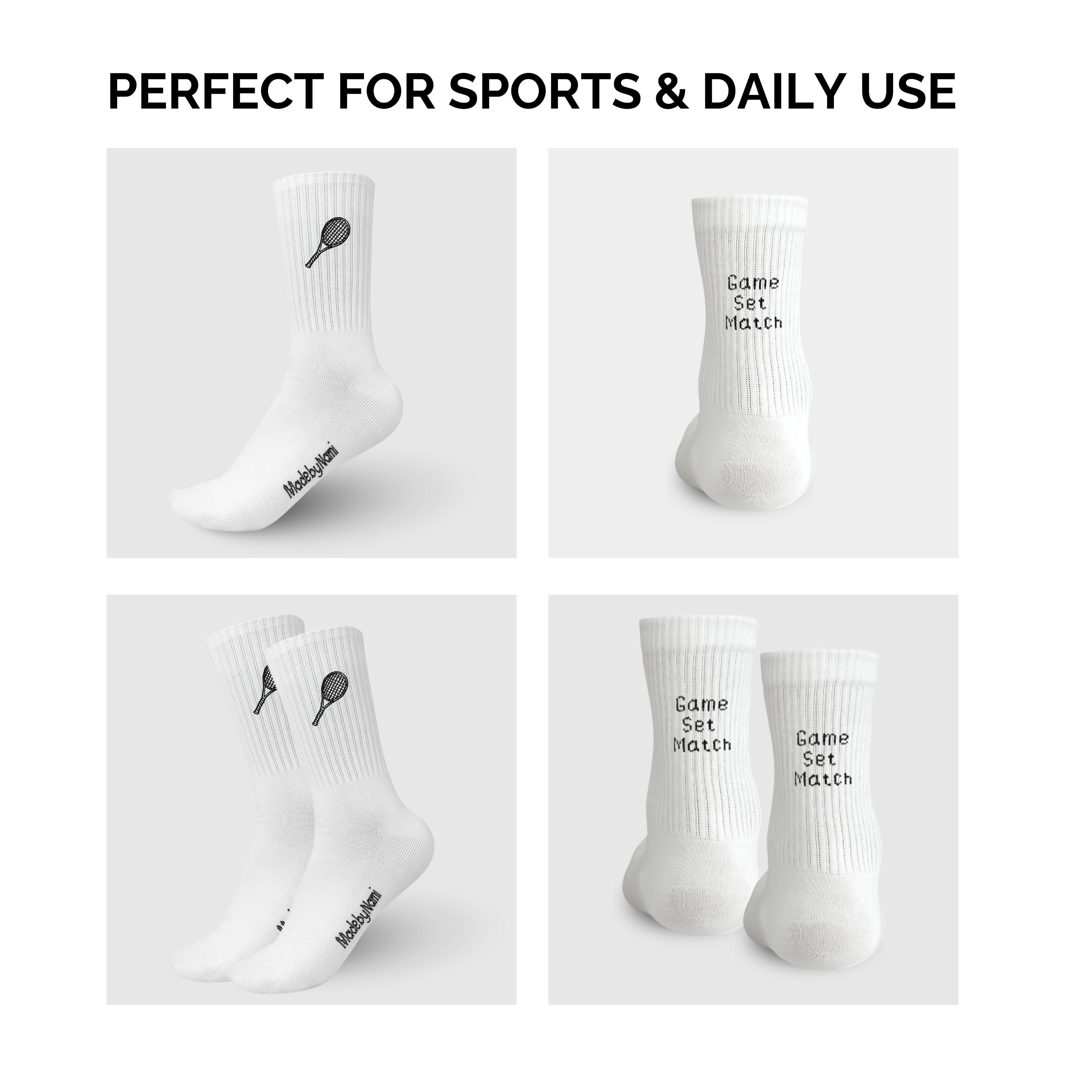 Made by Nami Socken Tennissocken weiß 2er Set mit Stickerei Game Set Match Größe 38–44