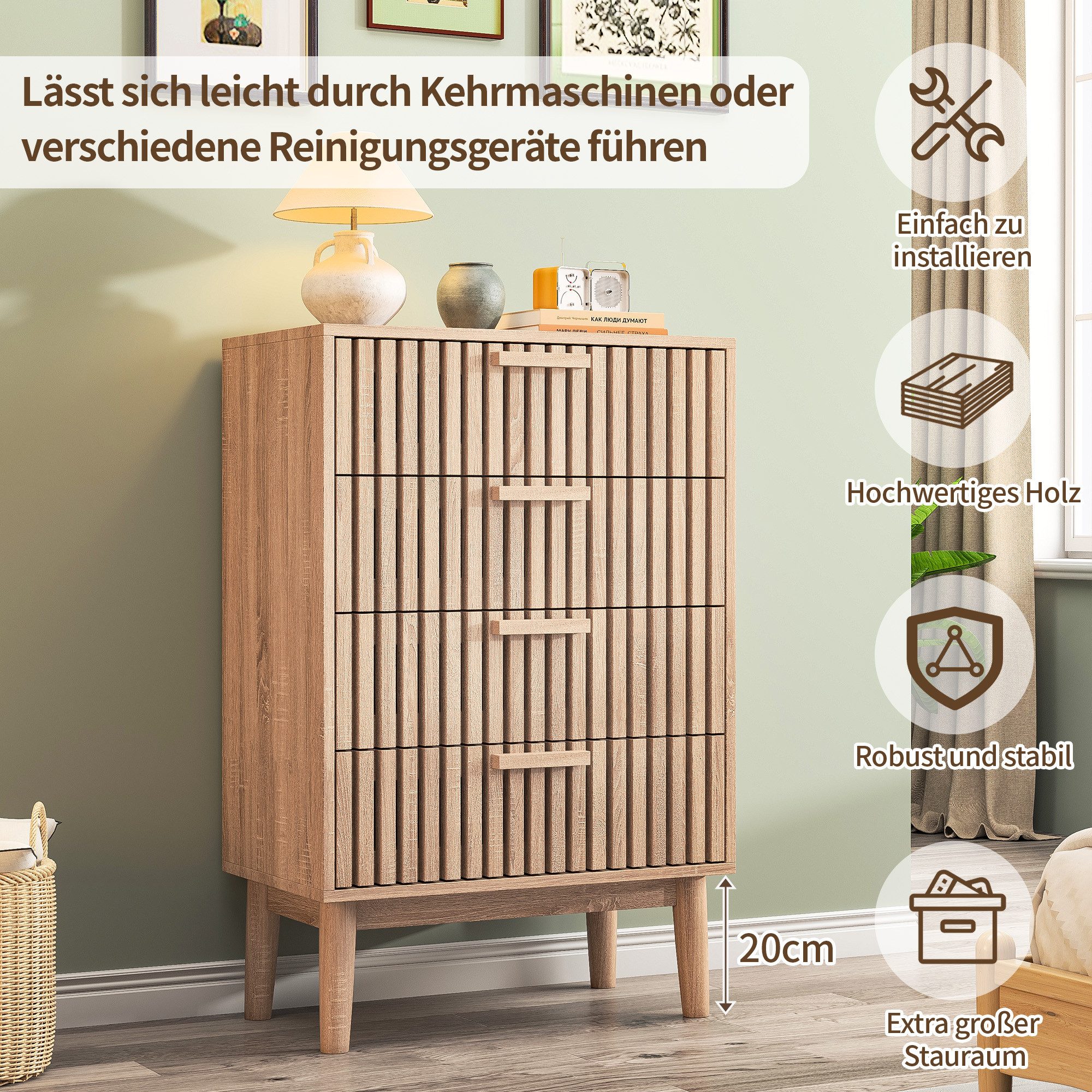 FUROKOY Sideboard Kommode Mit rutschfesten Tischbeinen und Kippschutzvorrichtung, 91x34x60 cm,Mit 4 Schubladen,Mit geräuscharmem Dämpfungsschlitten – Bild 4 von 5