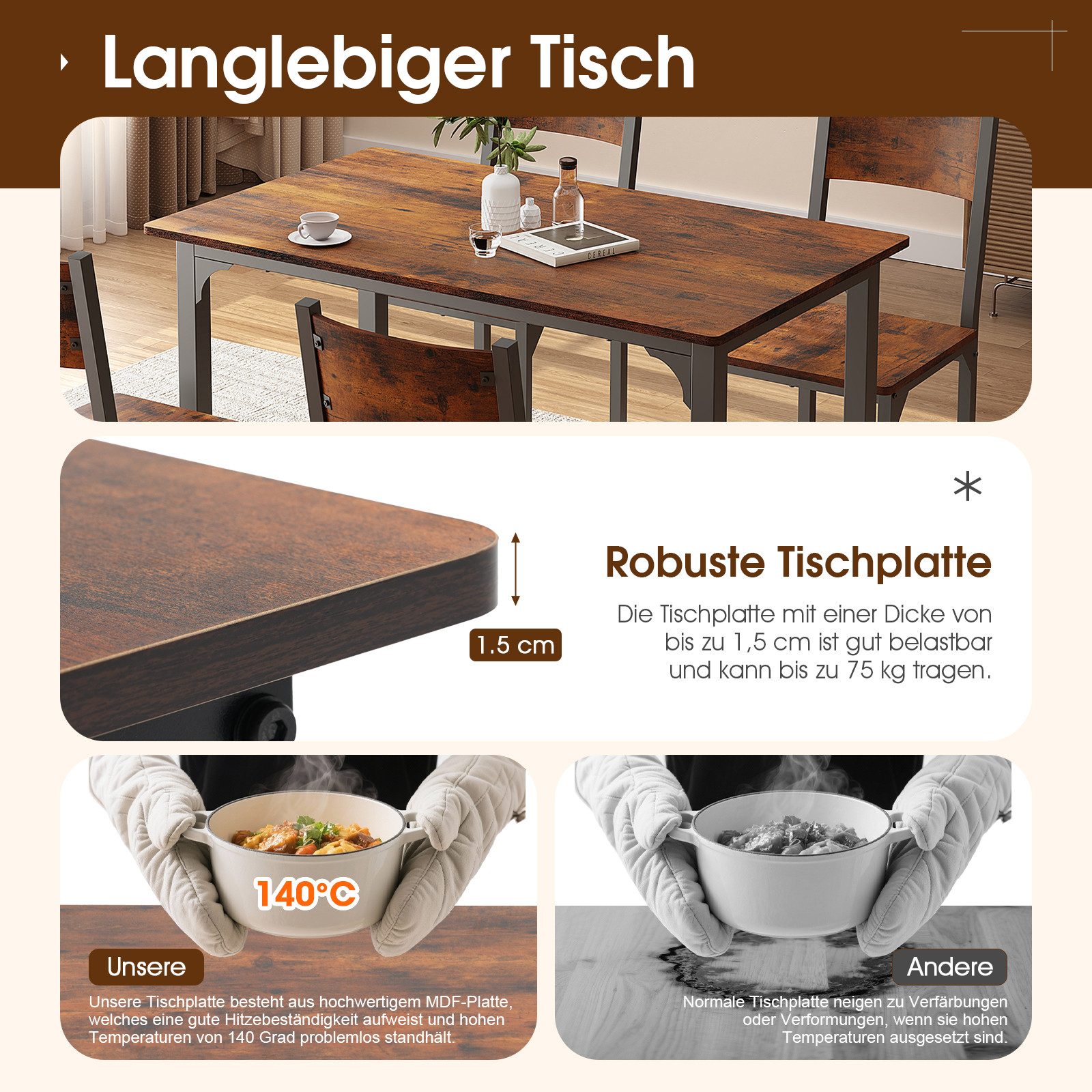 Sunsitt Essgruppe 5-Teiliges Esstisch Set mit Stühle, (Metallgestell Sitzgruppe, Küchetisch mit Stühlen, Essgruppe für Esszimmer, Wohnzimmer), Vintagebraun (2 P – Bild 4 von 5