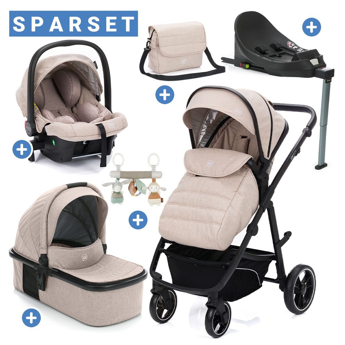 Fillikid Kombi-Kinderwagen Fill Jaguar - Sand, 3in1 Kinderwagen mit Babyschale, Babywanne, Sportsitz & Isofix-Basis