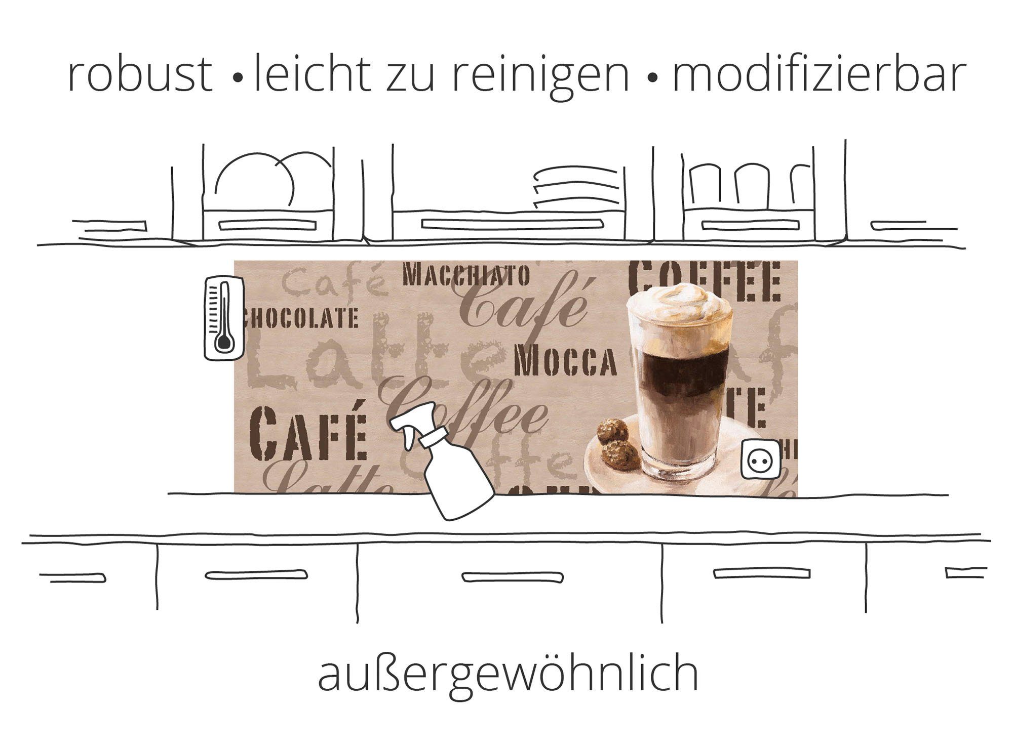 Klebeband, Küchenrückwand einfache (1-tlg), mit Kaffee Montage Macchiato, - Spritzschutz Latte Artland Alu