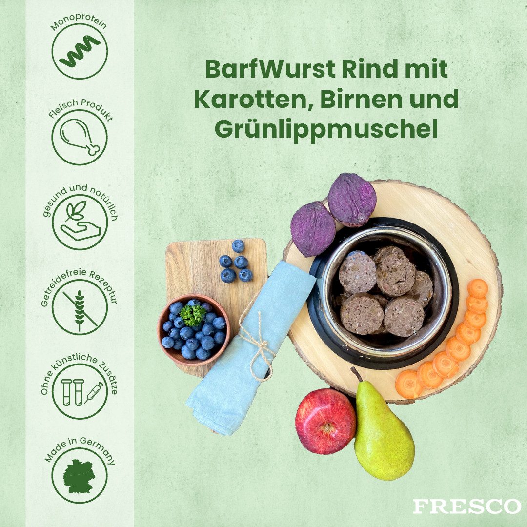 Fresco Dog BARF Hundewurst schnittfest Rind I 2 x 400g, Nassfutter für: Hunde, Getreidefrei, hoher Fleischanteil & mit Grünlippmuschel