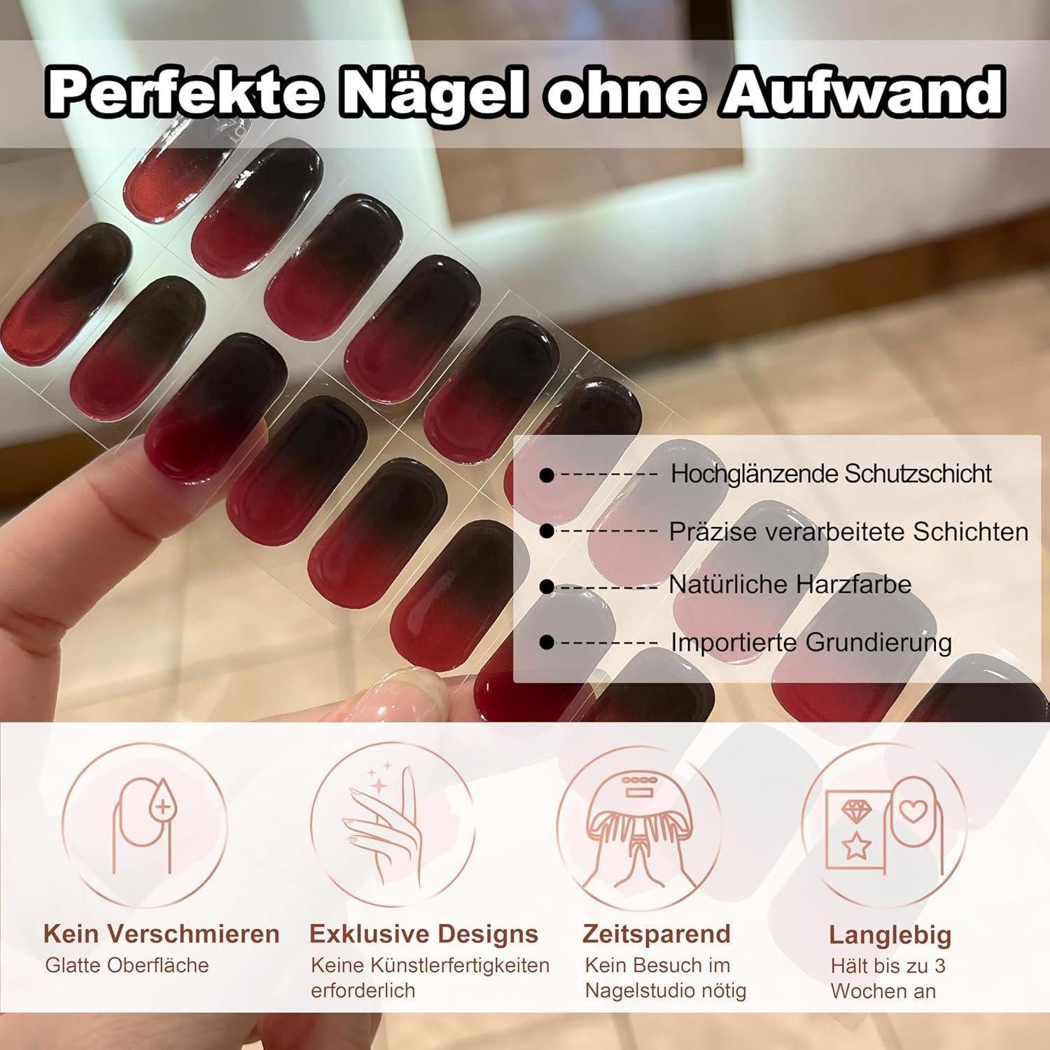 LuxusKollektion Nageldesign Zubehör Nagelfolie UV härtend 20er Nagelsticker Gel Schwarz Rot Farbverlauf