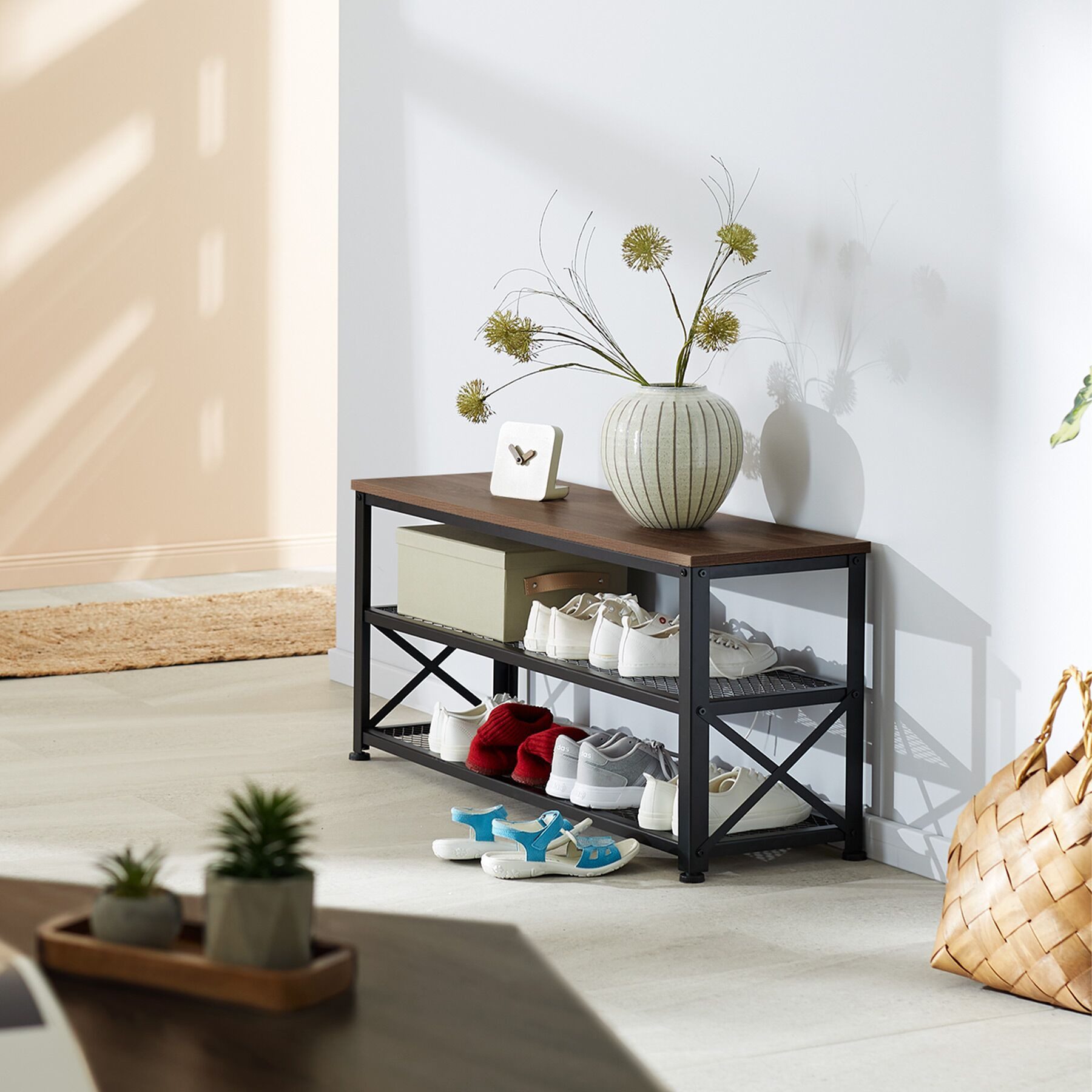 tectake Schuhregal Flurregal aus Holz und Stahl, 101 x 30,5 x 45,5 cm, Schuhablage mit Gitterablagen Blackpool 1-tlg., Ablage und 2 Gitterablagen, mit höhenverstellbaren Kunststofffüßen