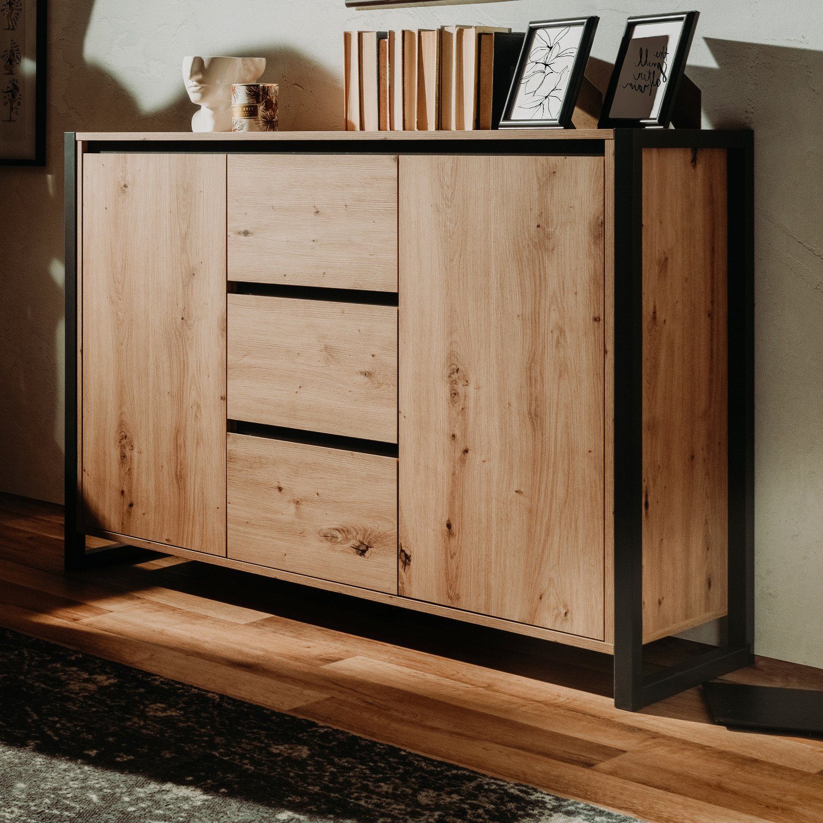 Furn.Design Kommode Malta (Sideboard Eiche Artisan und Anthrazit, 120 x 88 cm), mit 3 Schubladen und 2 Türen