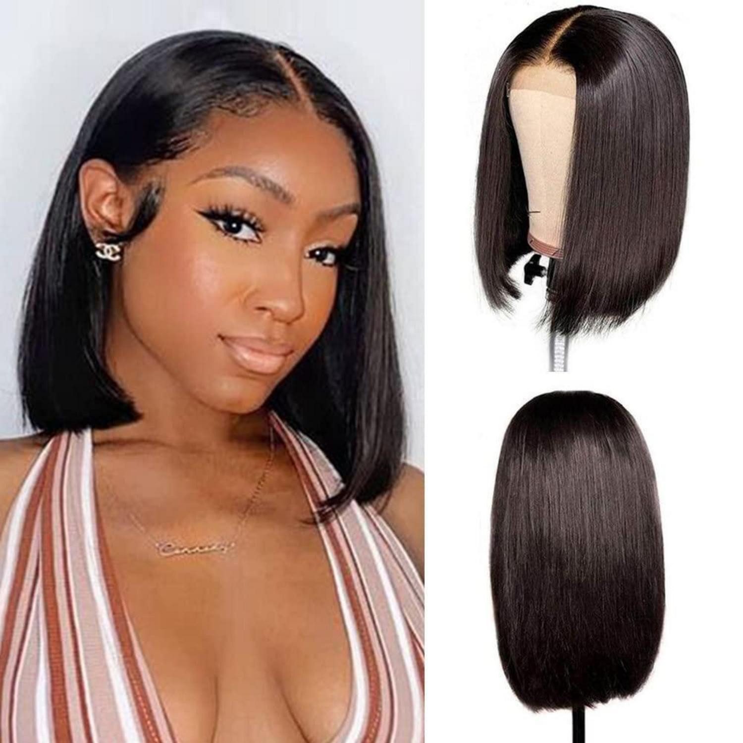 LuxusKollektion Echthaarperücke Perücke Echthaar Bob Lace Front T Part Babyhaar Schwarz 25 cm 1B