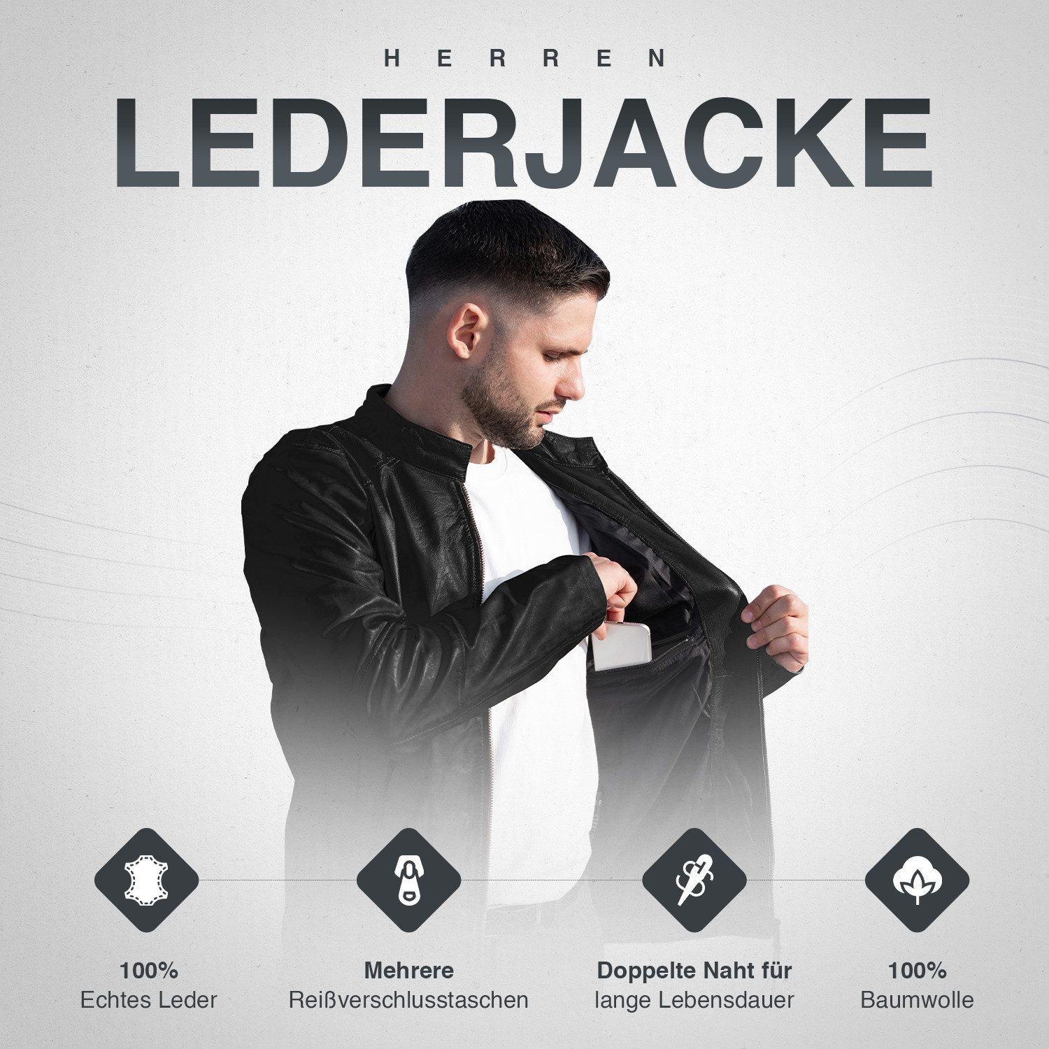 PAULGOS Lederjacke Herren Jacke Übergangsjacke Biker Look 100% Echtleder D3 – Bild 5 von 5