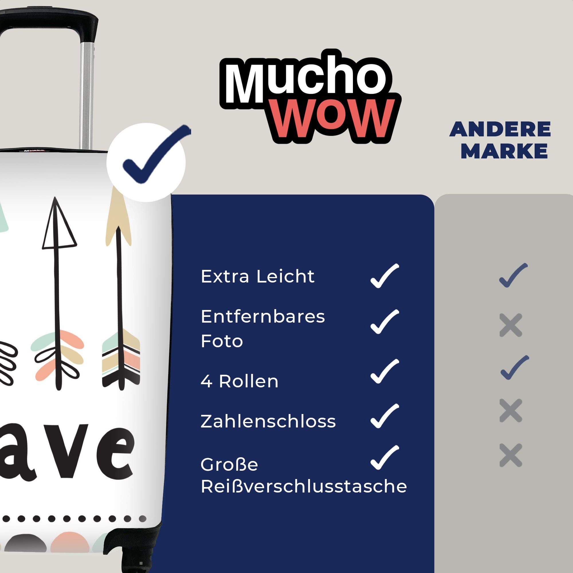 Rollen, MuchoWow Ferien, - Trolley, Handgepäckkoffer Pfeile Mutig für 4 Reisetasche Reisekoffer Handgepäck Zitate mit - rollen, Kinder, -